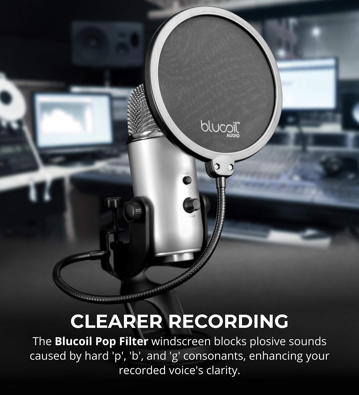 Blucoil Pop Filter Windscreen for Professional Handheld Microphones - Double Layer Screen with Flexible Gooseneck Clip and Swivel Mount for Podcasts