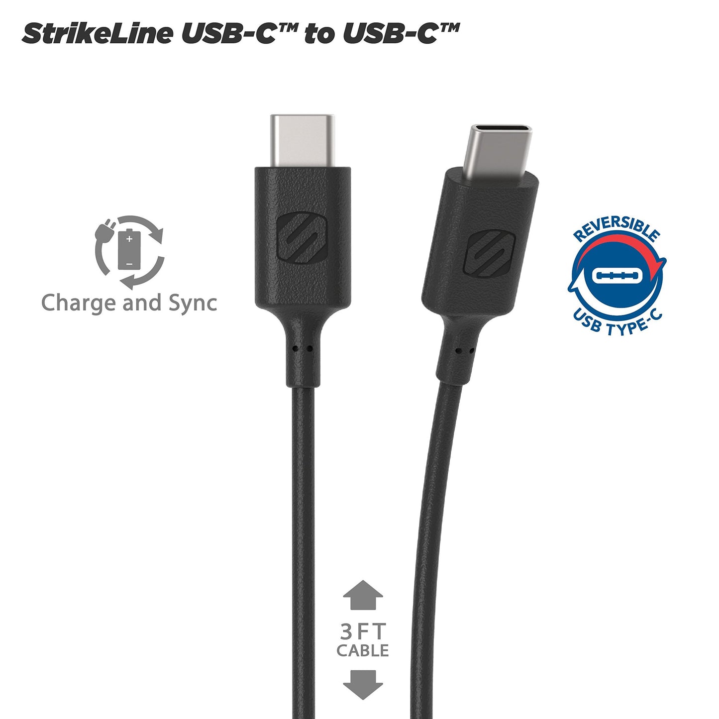 SCOSCHE StrikeLine USB Type C/USB-C to USB Type C/USB-C Quick Charge & Sync Cable with 480 Mbps Transfer Rate - Compatible with Samsung Galaxy S8/S8…
