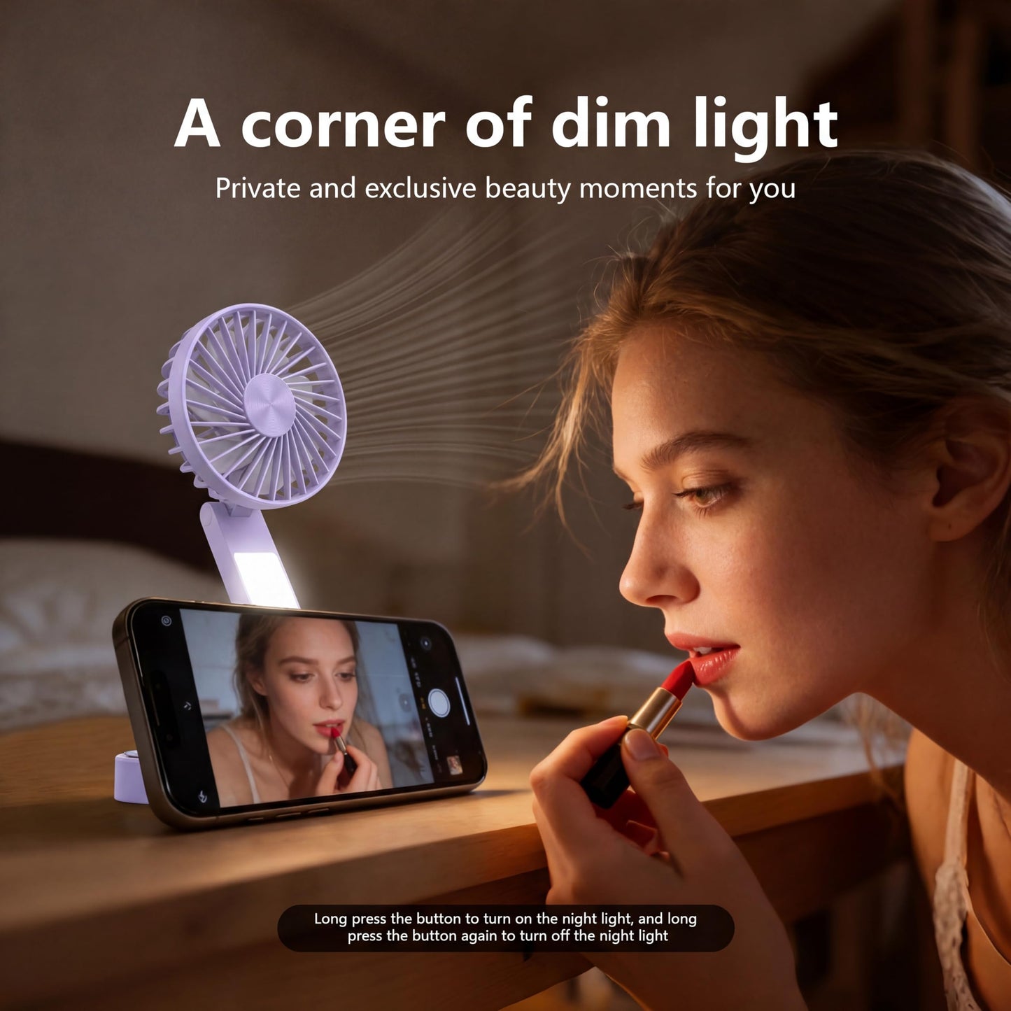 Foldable Magnetic Phone Fan with LED Light & Stand Desk Easy Storage Purple
