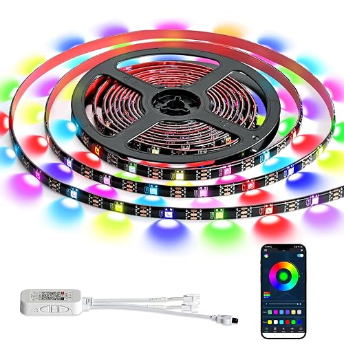 G GEEKEEP Upgrade Smart RGB Music Sync Multiple Colors Chasing 16.4ft neon Led Strip Lights Cuttable and Linkable, Flexible Outdoor Led Strip Lights