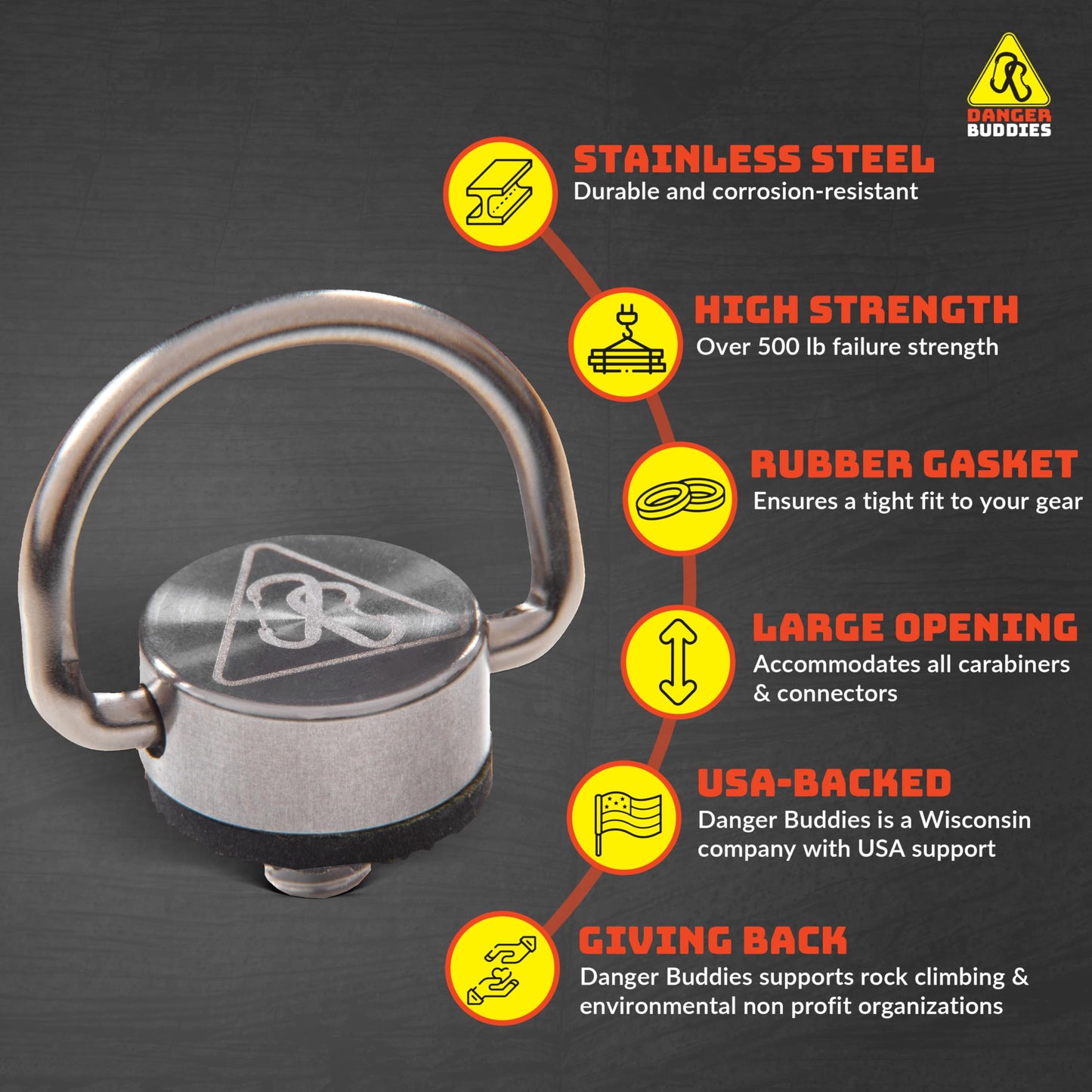 DANGER BUDDIES XL Camera Carabiner Clip D-Ring - Easily Attach a Camera Strap or Carabiner to Your Camera with This 1/4-20 Tripod Mount D-Ring Adapter