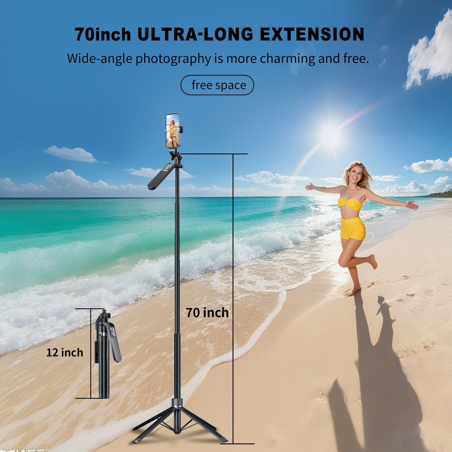 70" Tripod for Phone, Portable All in One Extendable Cell Phone Tripod Stand, Tall Travel Tripods for Recording Video Selfies Photo, with Wireless