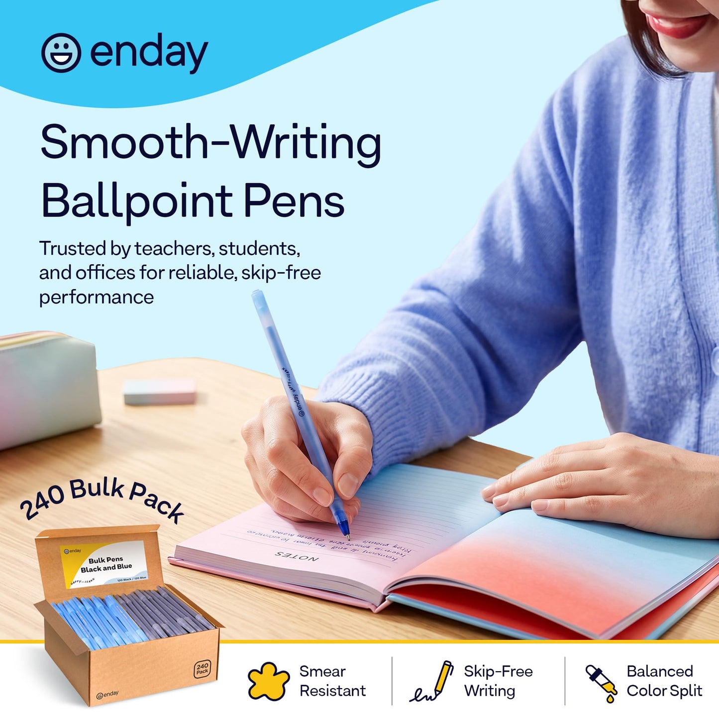 Enday Ballpoint Pens Bulk Blue and Black Pens (240 Pack) 120 Black & 120 Blue - Medium Point (1.0mm) Flexible Round Barrel For Writing Comfort, Pens