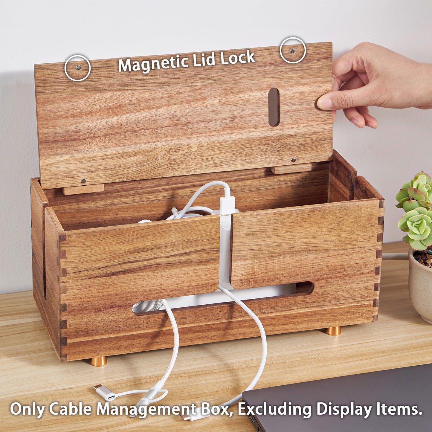SARUFO Acacia Wood Cable Management Box - Wooden Cord Hider with 4 Metal Feet, Organizer for Desk & Floor, Power Strip TV Wire Concealer, Under Desk