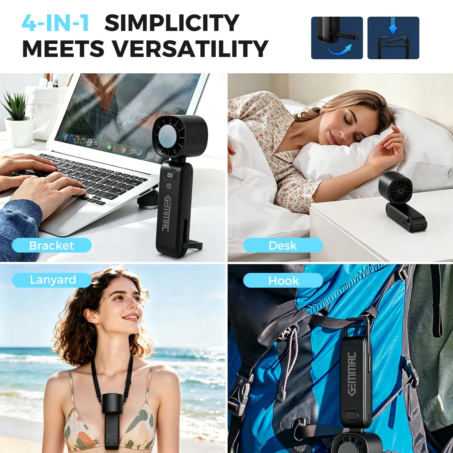Gemmac Portable Handheld Turbo Fan with Ice Cooling, 5000mAh Personal Fan Rechargeable 5 Gear High Speed with LED Display, 5 in 1 Foldable