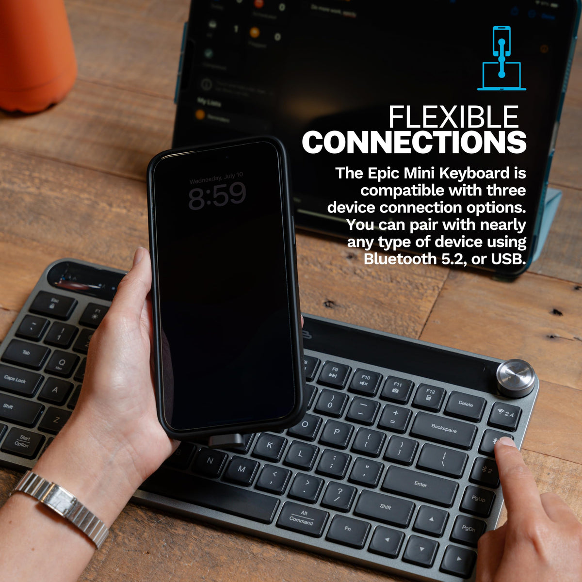 JLab Epic Mini Wireless Keyboard, Bluetooth or USB dongle, Multi-Device, Media knob, Backlit, Black