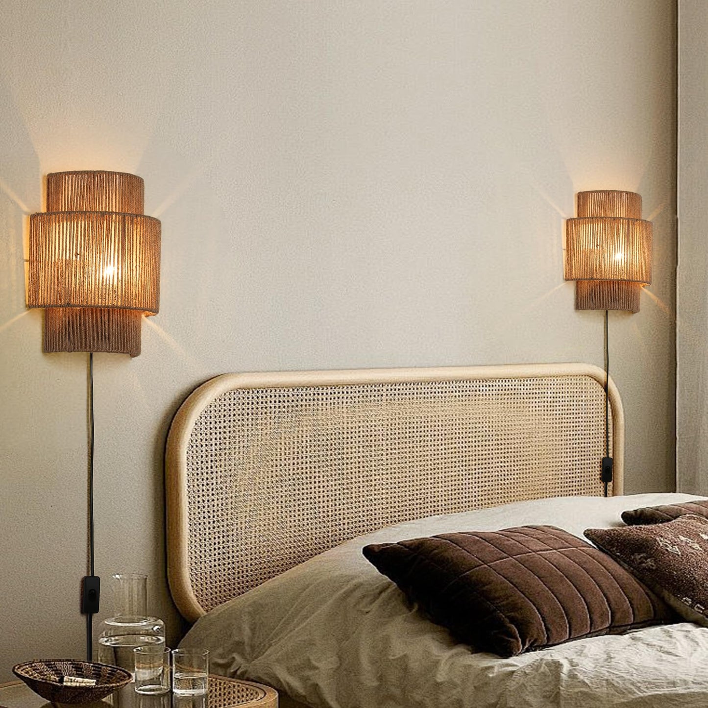ATALUZ Rattan Farmhouse Plug in Wall sconces for Bedroom, Vintage Fabric Ambient Wall lamp
