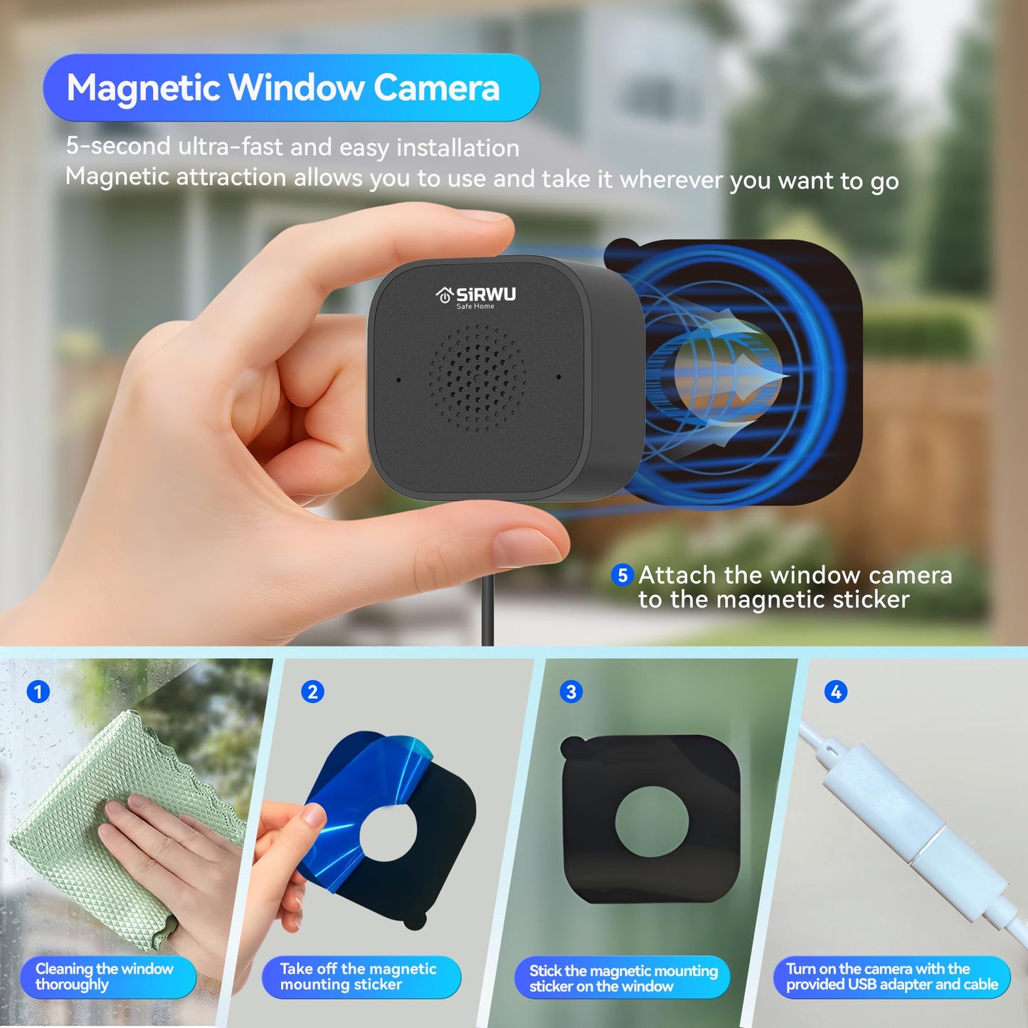 Sirwu Magnetic Window Camera, Window Security Camera with Night Vision, 3MP 2K Indoor Camera for Home Security, OpenAI GPT Enabled, 24/7 Recording