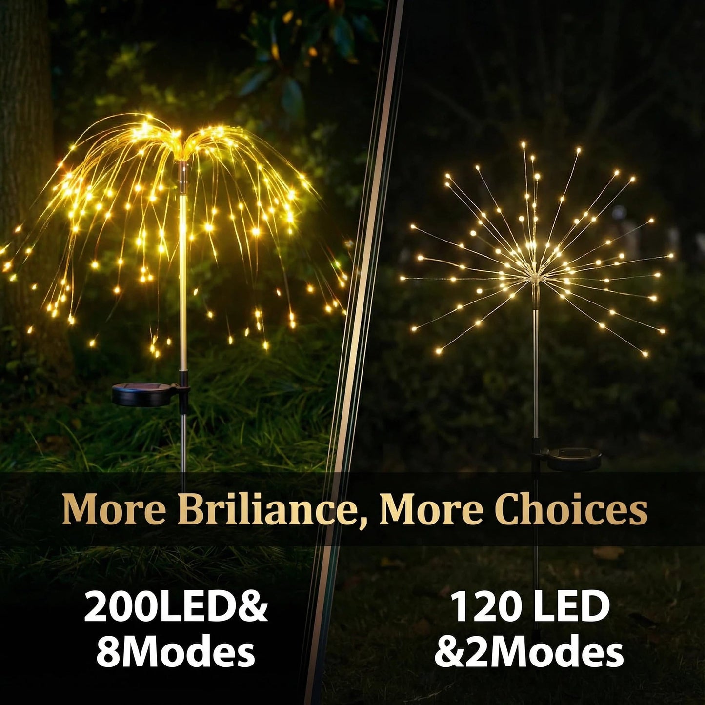2 Pack Solar Firework Lights Outdoor, Adjustable 32" to 51" Extra Tall, Verified 200 LED Warm White Stainless Steel 3-Section Pole, 8 Modes Waterproof