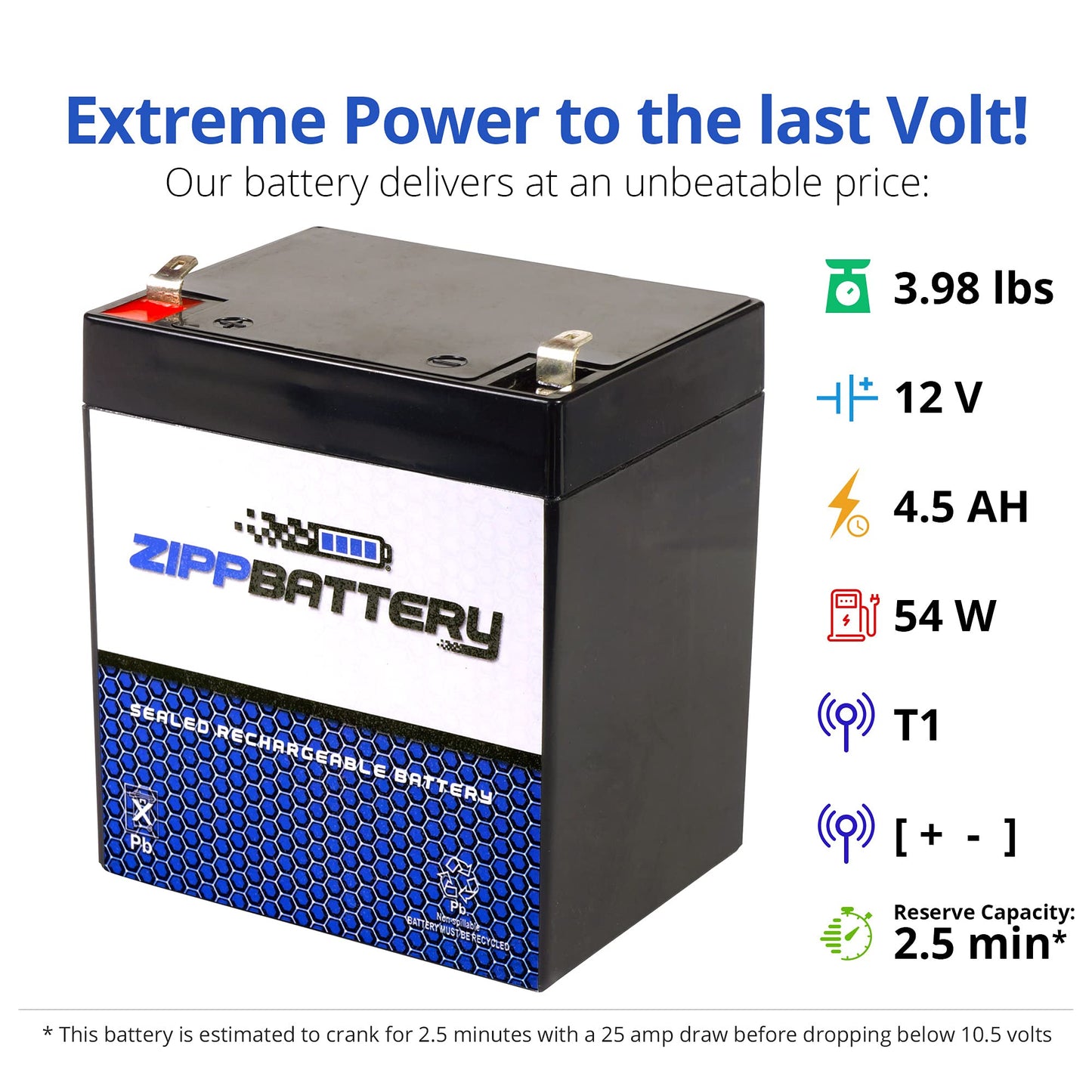 ZIPPBATTERY 12V 4.5AH Maintenance-Free Battery for Alarm Systems, Scooters, Toys, Emergency Lights, and More - Spade (F1) Terminal