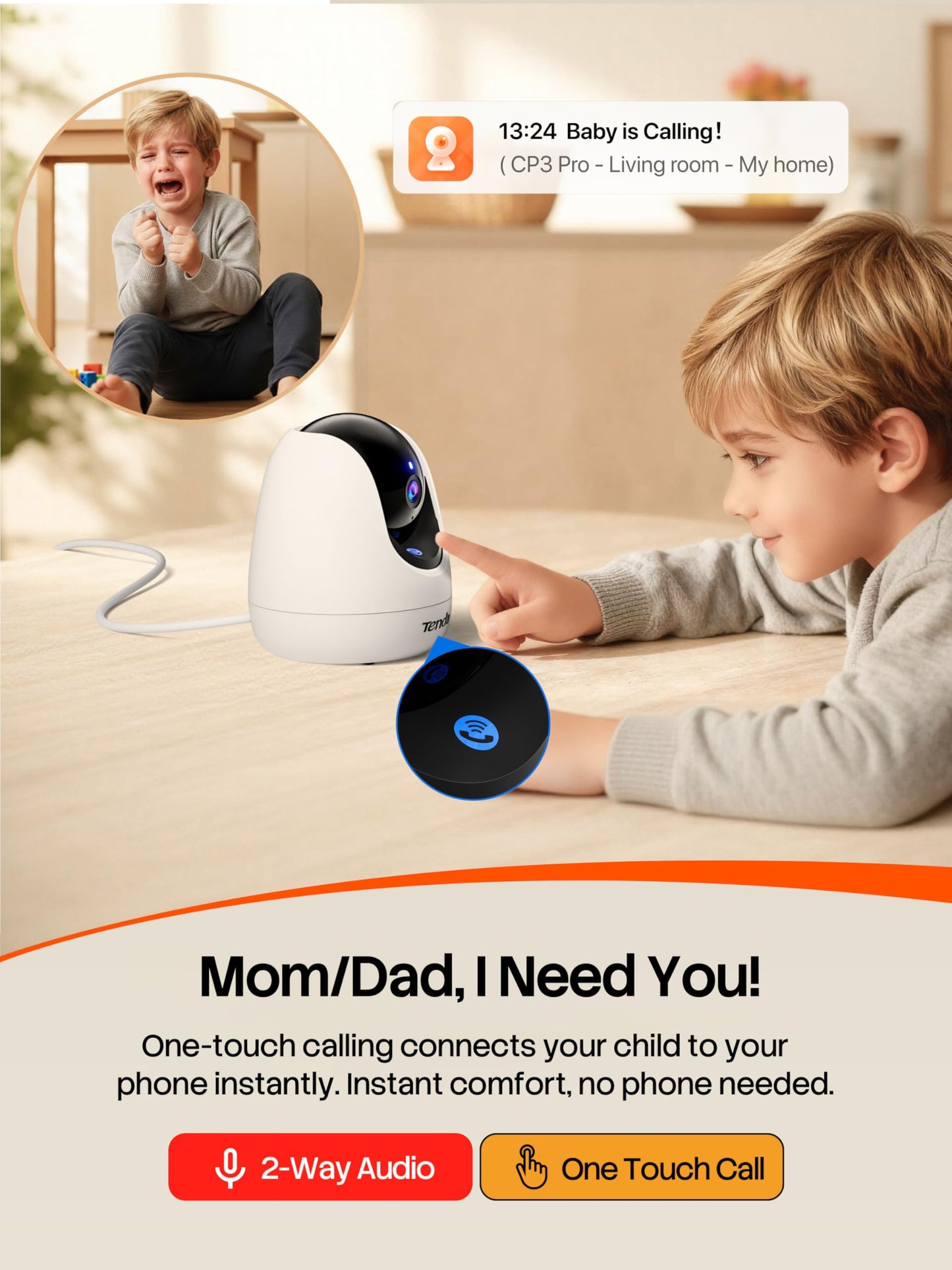 Tenda CP3 Pro 2K Indoor Security Camera with WiFi 6 & AI Baby/Pet Detection - Baby Monitor, Pet Camera for Home, One-Touch Calling, Night Vision
