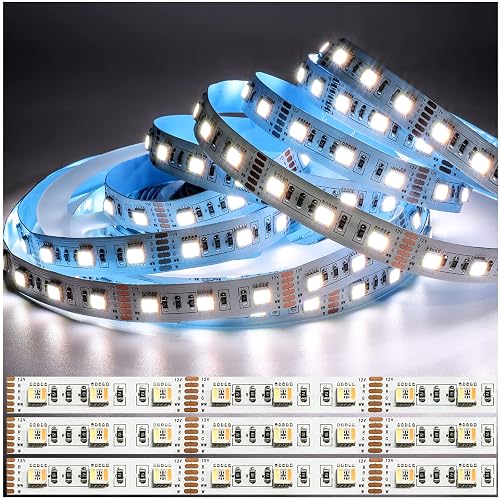 Tesfish 12V 5 in 1 LED Strip Lights RGB + CCT, RGB + White + Warm White (2800K to 6500K) RGBCW 5M Mixed Colour Adjustable Light Strips IP20 300 LEDs