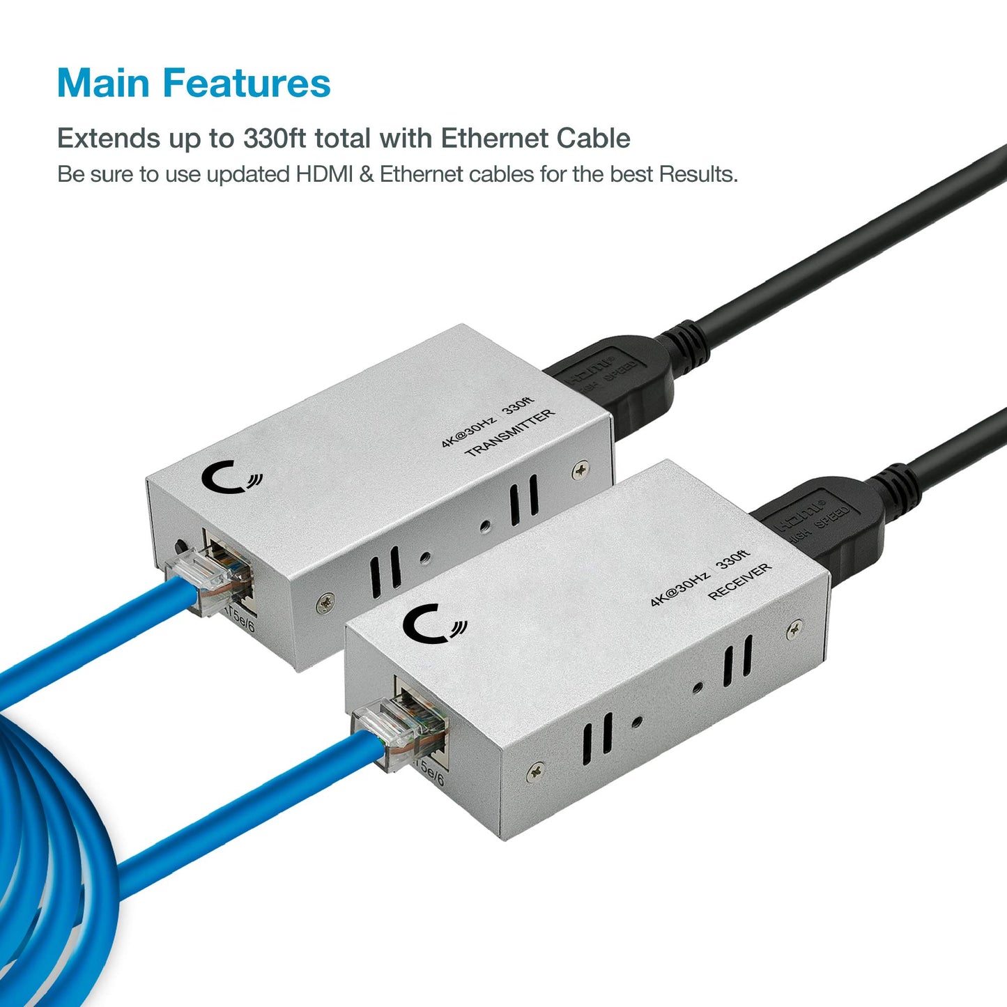 Expert Connect ET4K100M 4K@30Hz HDMI 1.4 Extender Over Cat5e/Cat6/Cat7 - 330 ft (100 m), HDCP 1.4, with Loop-Out, IR Pass-Through & Surge Protection