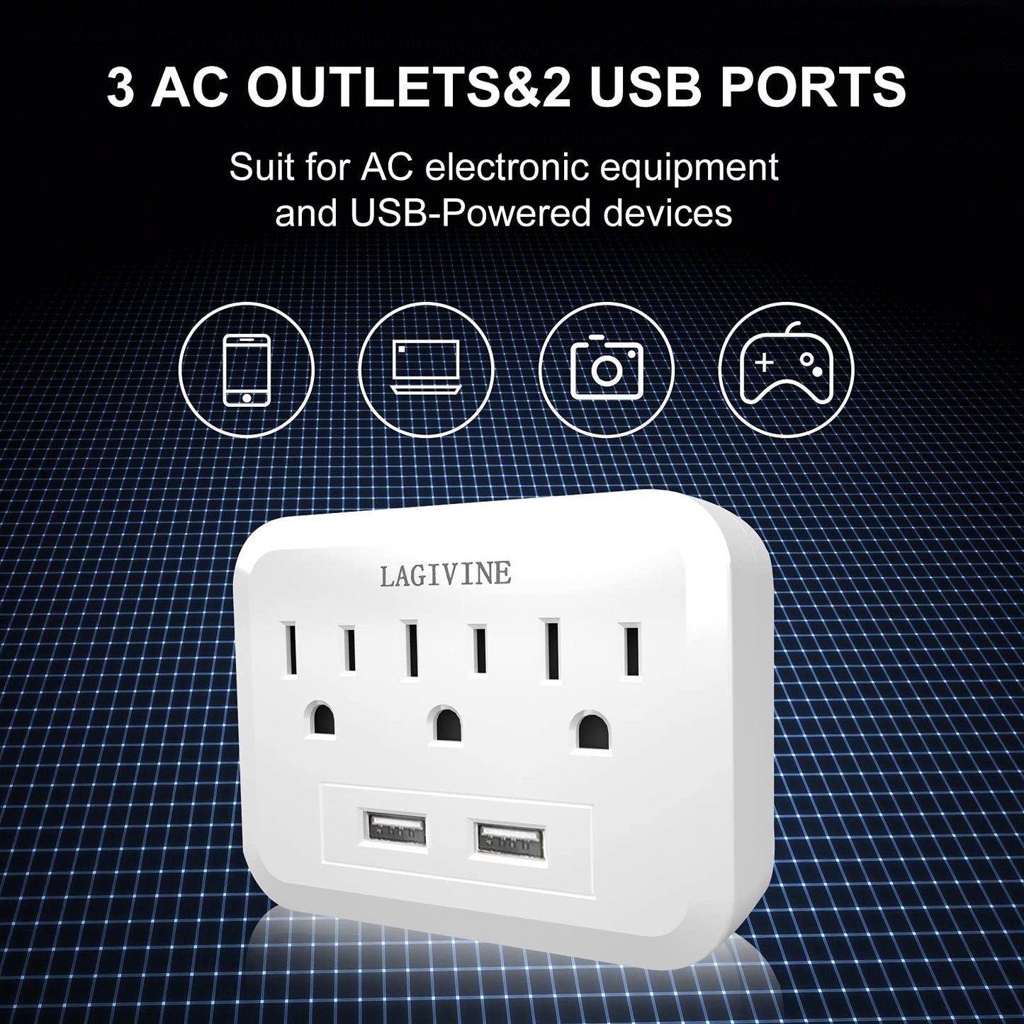 USB Wall Power Strip, 3 Outlet Extender with 2 USB Ports Outlet Adapter, Multi Plug Outlet Splitter for Travel, Home Office Accessories (White)