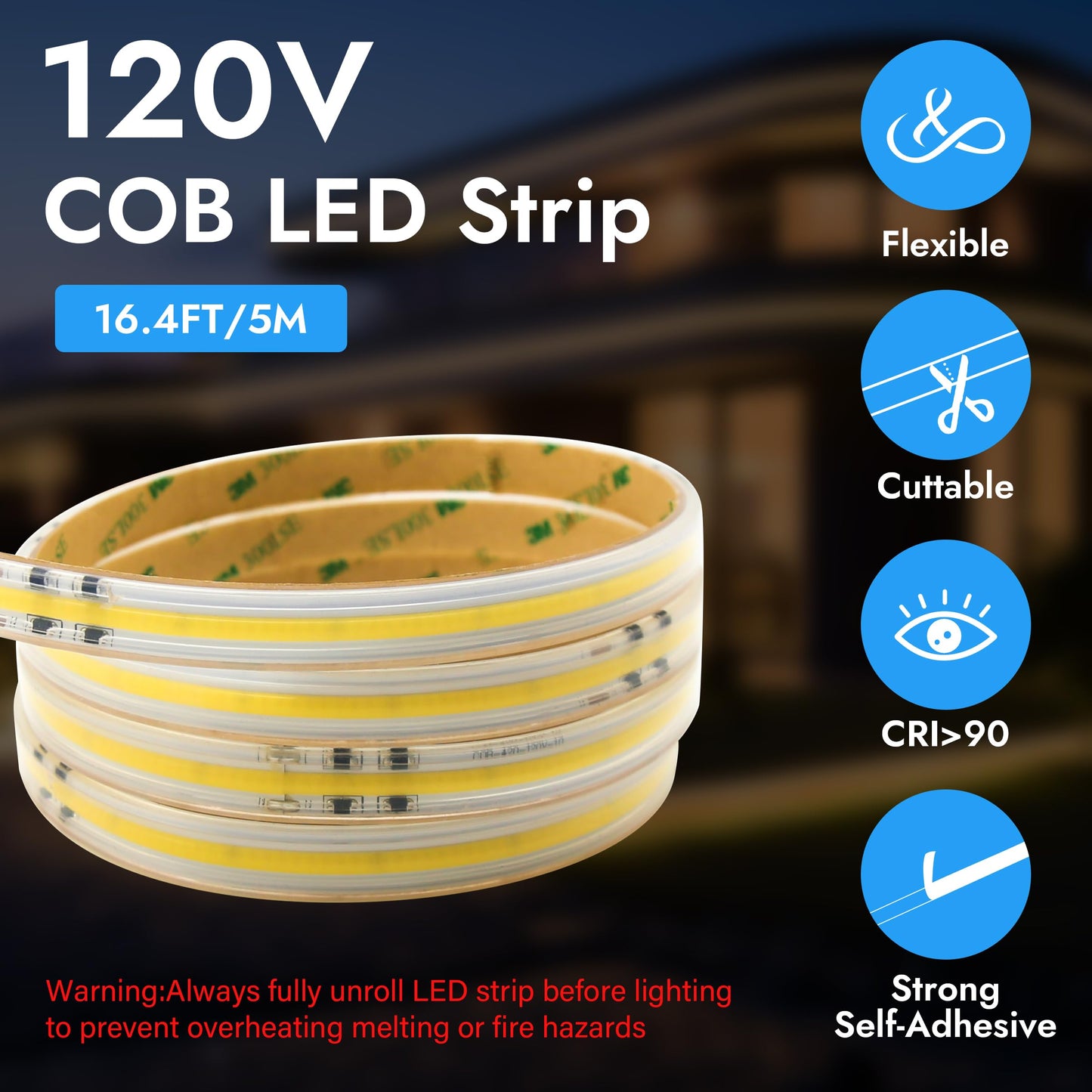 UPONELED COB LED Strip Light Outdoor 16.4ft 3000K Warm White,High Voltage 110V Plug in LED Rope Light Outdoor Waterproof, High Density Flexible LED