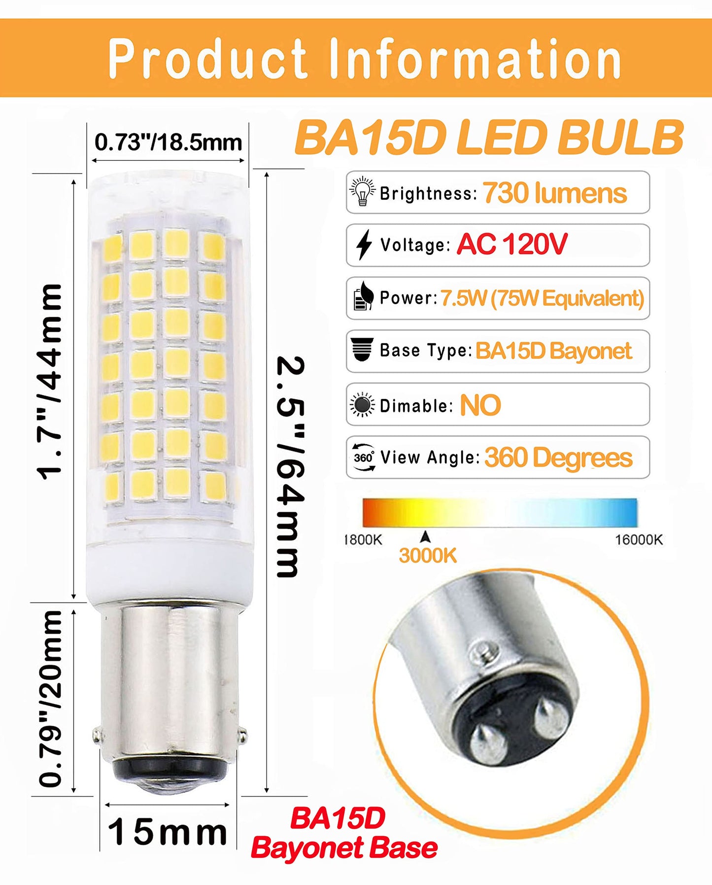 Lamsky Ba15d led Light Bulb 7.5W,B15 Double Contact Bayonet Base,120V Warm White 3000K,75W 80W JD Type T3/T4 Halogen Bulb Replacement Bulb,Not