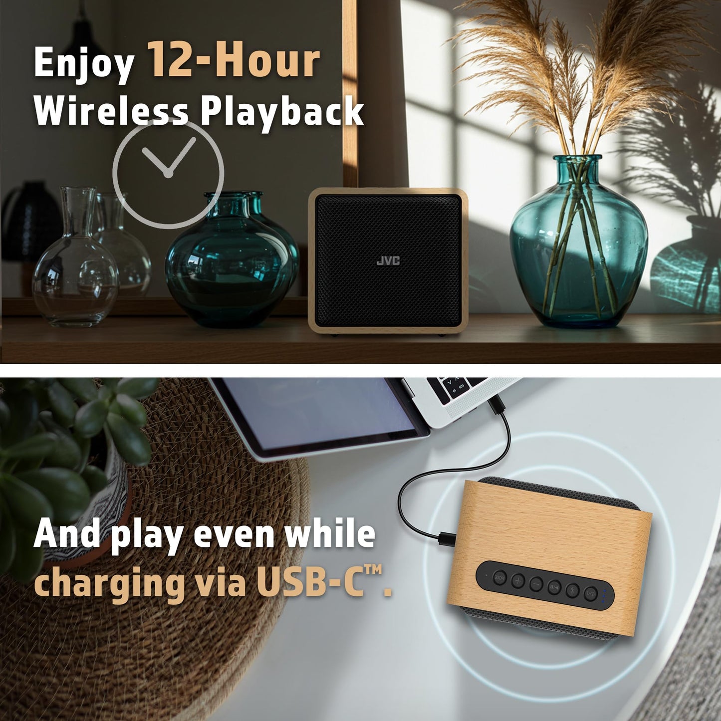 JVC Wireless Bluetooth Speaker - Retro Portable Speaker with Genuine Wood Design, Palm-Sized, Great for Travel, Home, Office use - Up to 12 Hr Battery