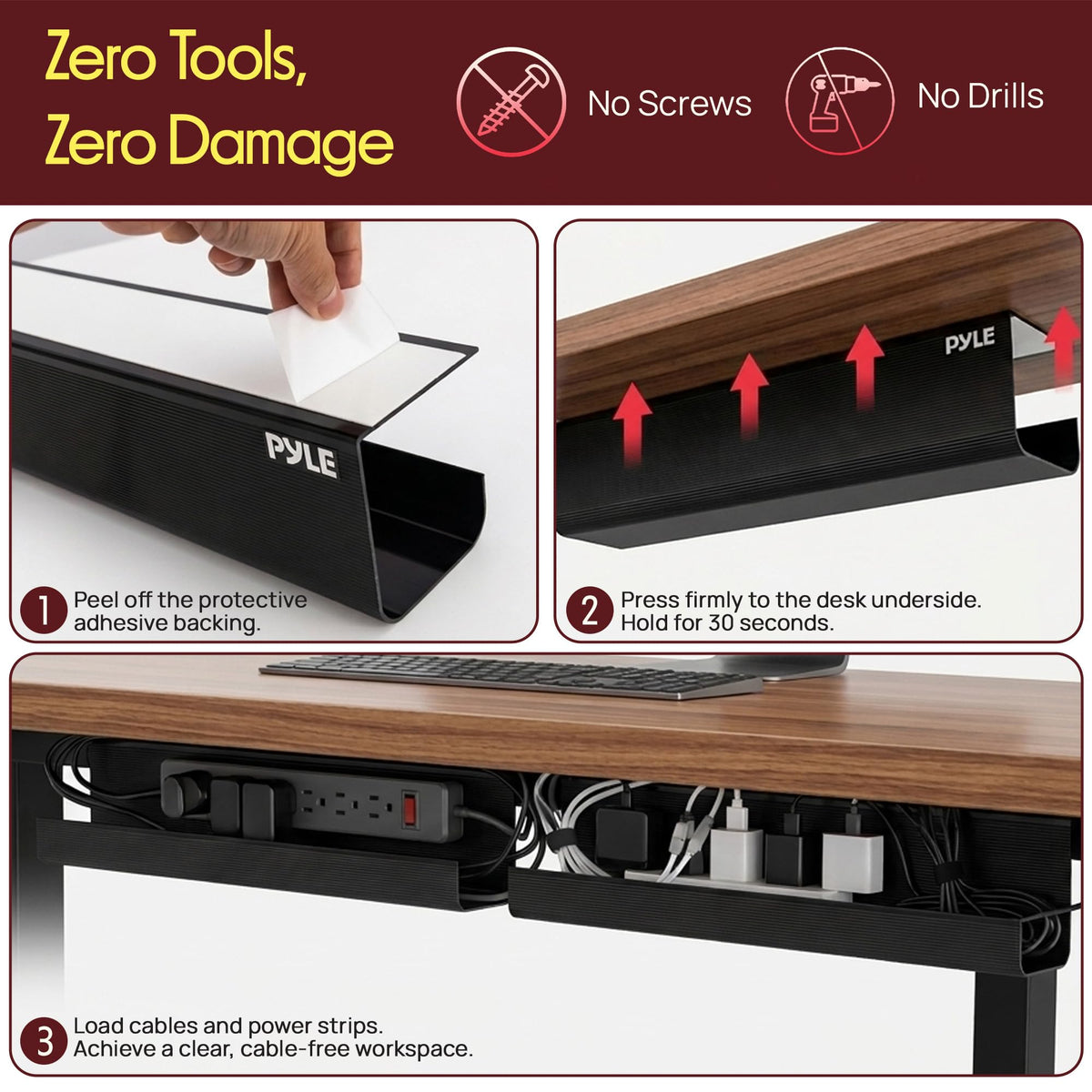 Pyle 2-Pack 17" Under Desk Cable Management Tray, Under Desk Cable Organizer with Adhesive Mount, Wire Management Under Desk for Home Office & Gaming