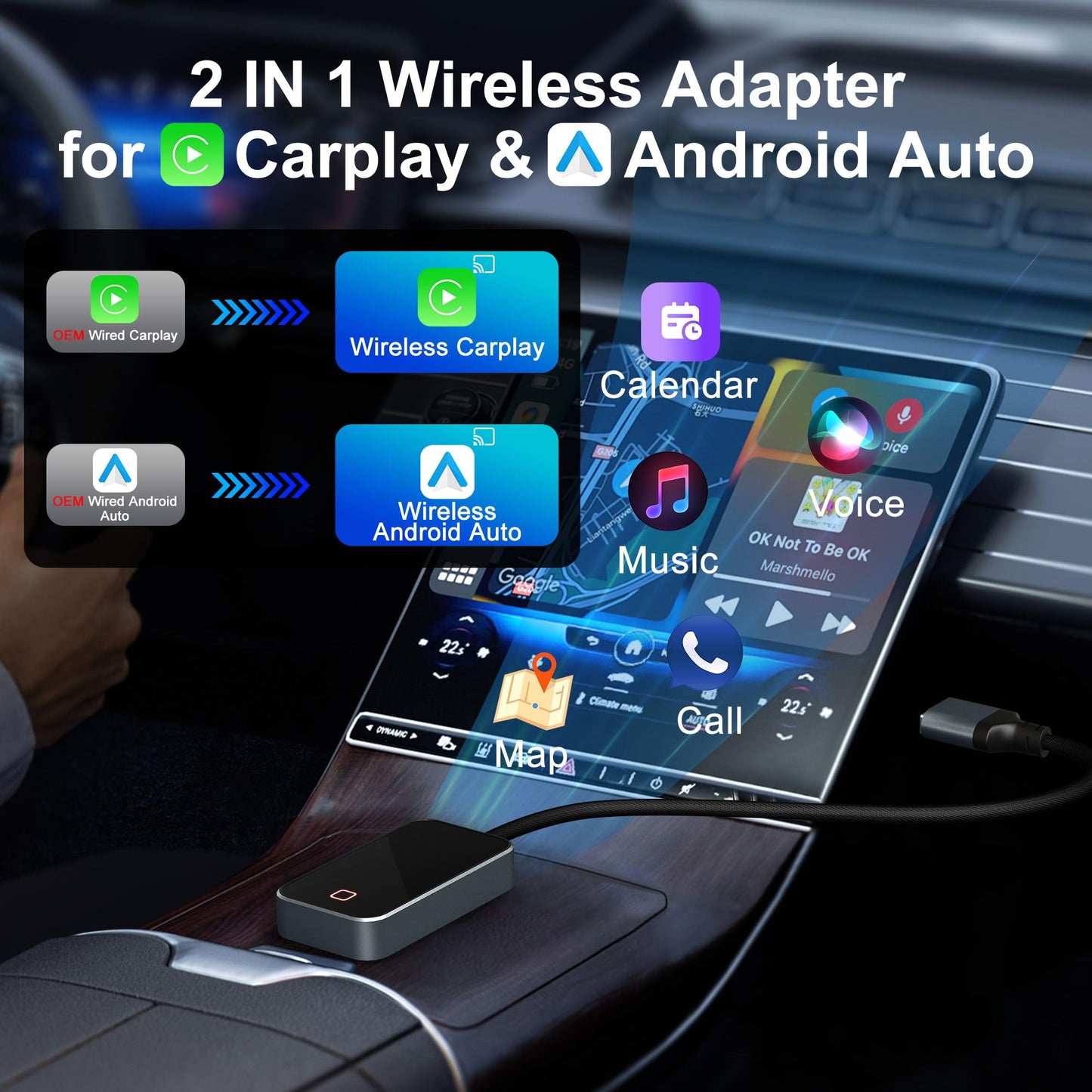 KETAKY Plus Wireless Carplay and Android Auto Adapter - Android Carplay for iPhone 6+/2016+ Cars, USB/Type-C Bluetooth Wireless Auto Car Adapter