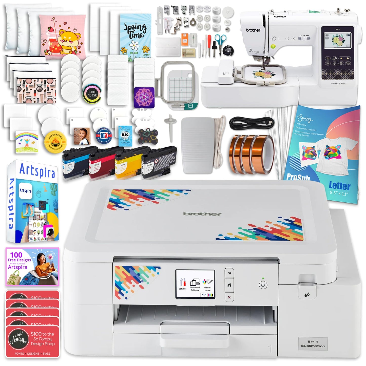Brother SP-1 Sublimation Printer Bundle with SE700, Full Ink Set, 160 Sublimation Transfer Sheets, 50 Blanks, Tape and More