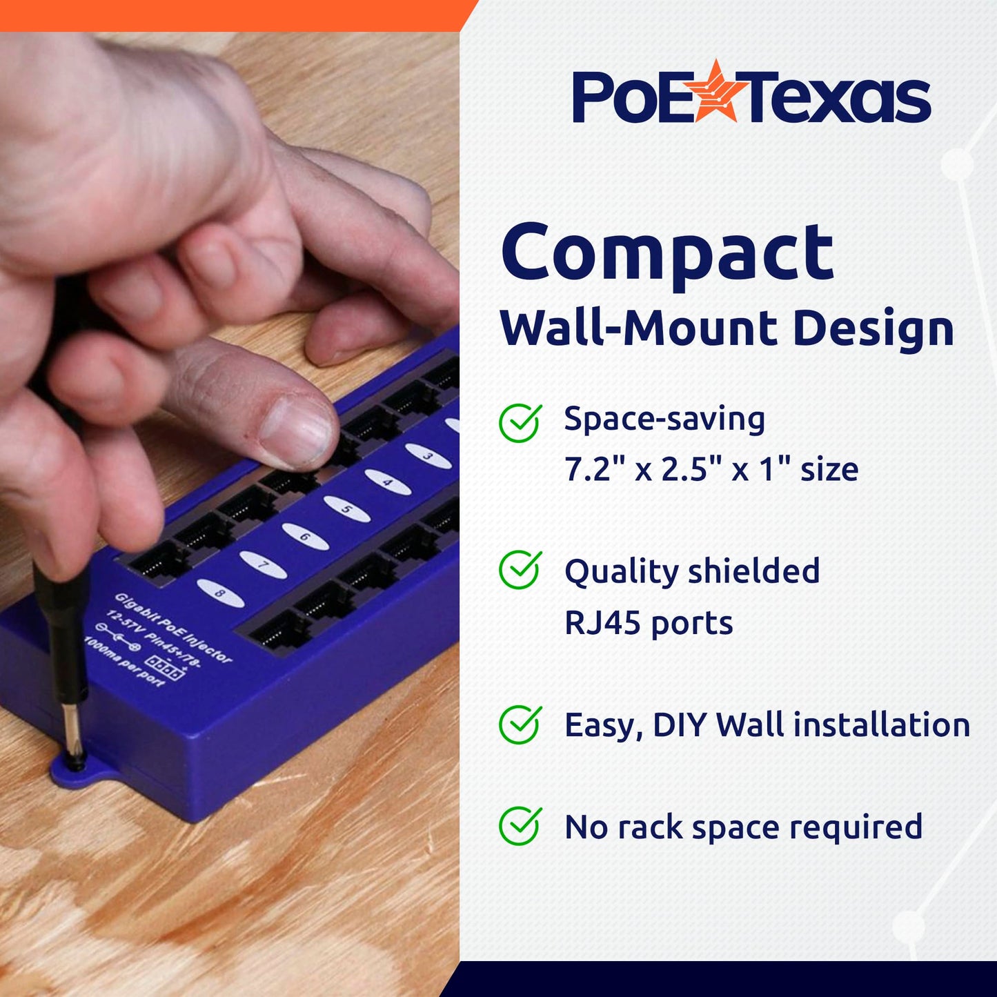 PoE Texas 8 Port Gigabit Passive PoE Injector with 24V 60W Power Supply - Replace 8 Injectors with One Clean Installation - Wall Mount Injector
