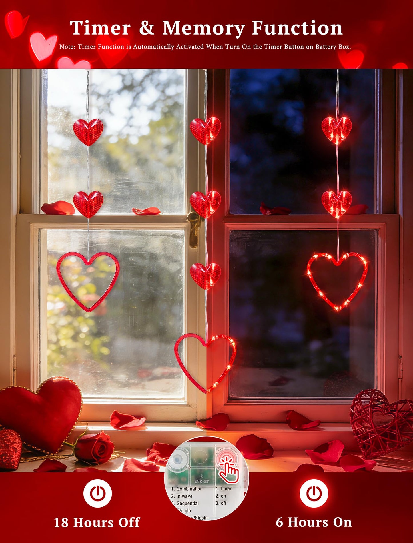 YOUNGAR Valentine's Day Heart Window Lights, 5FT 65LED Battery/USB Powered with Timer, Waterproof with 8 Modes Memory for Home Bedroom Birthday Party