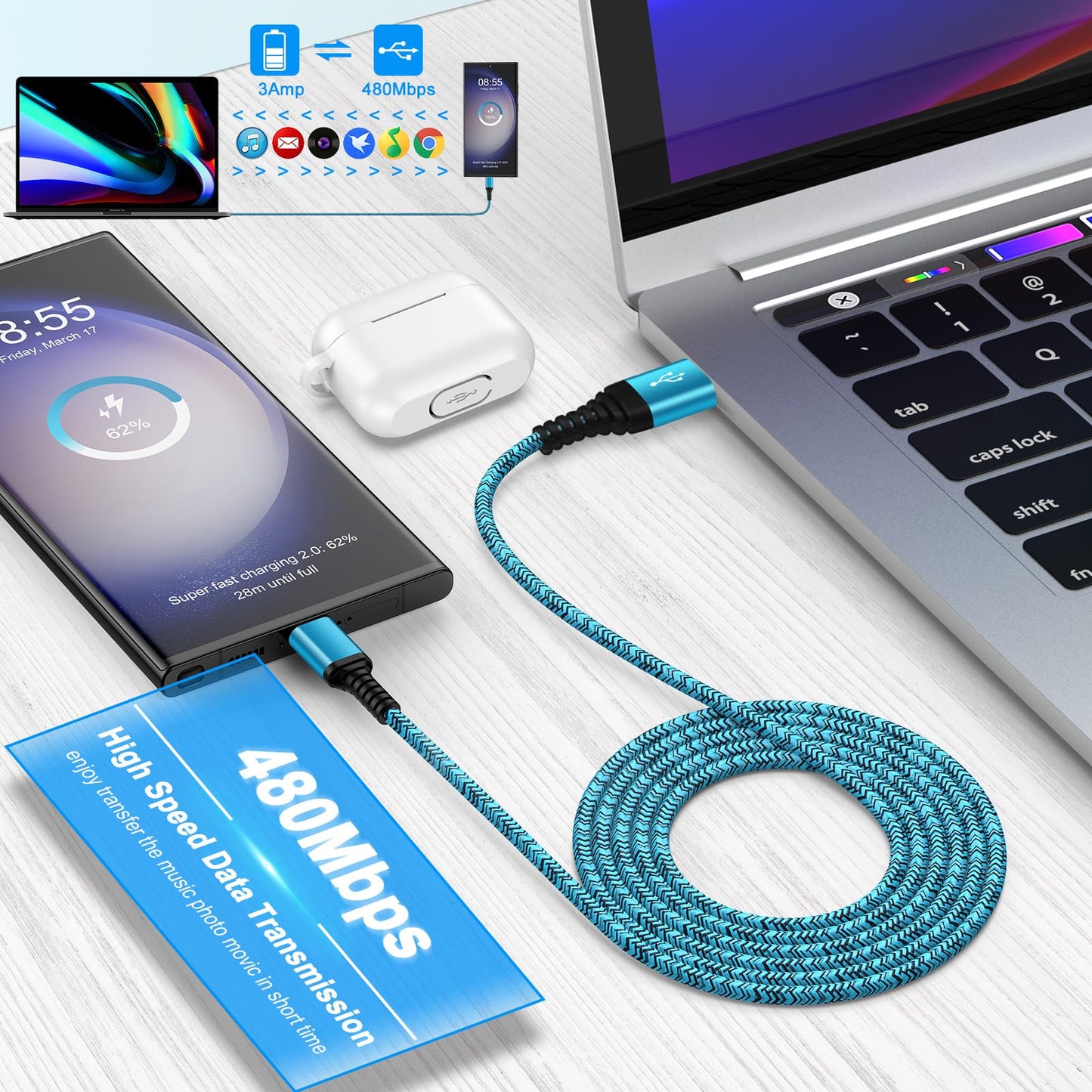 Type USB C Long Samsung S24 S23 Charger Cable 10ft 2Pack for Samsung Galaxy S25 Edge S25 Ultra A17 A16 5G A15 A25 A14 A54 S22 FE S21 A13 A53,iPhone 16