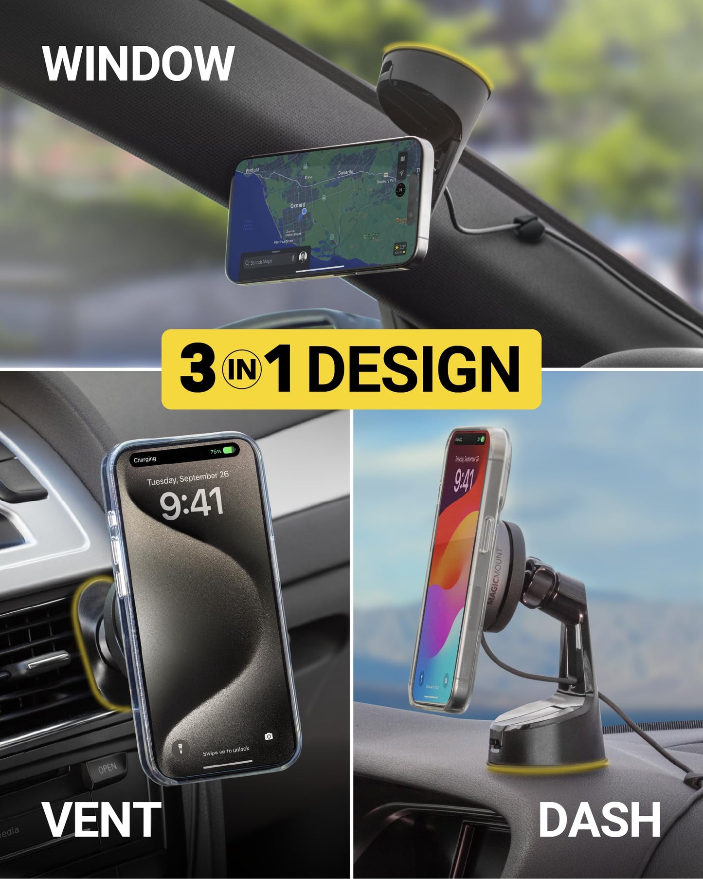 Scosche Qi2 Wireless MagSafe Car Mount Charger, 15W Magnetic Suction Cup Windshield/Dashboard Cell Phone Holder with Vent Clip & Fast USB-C Car