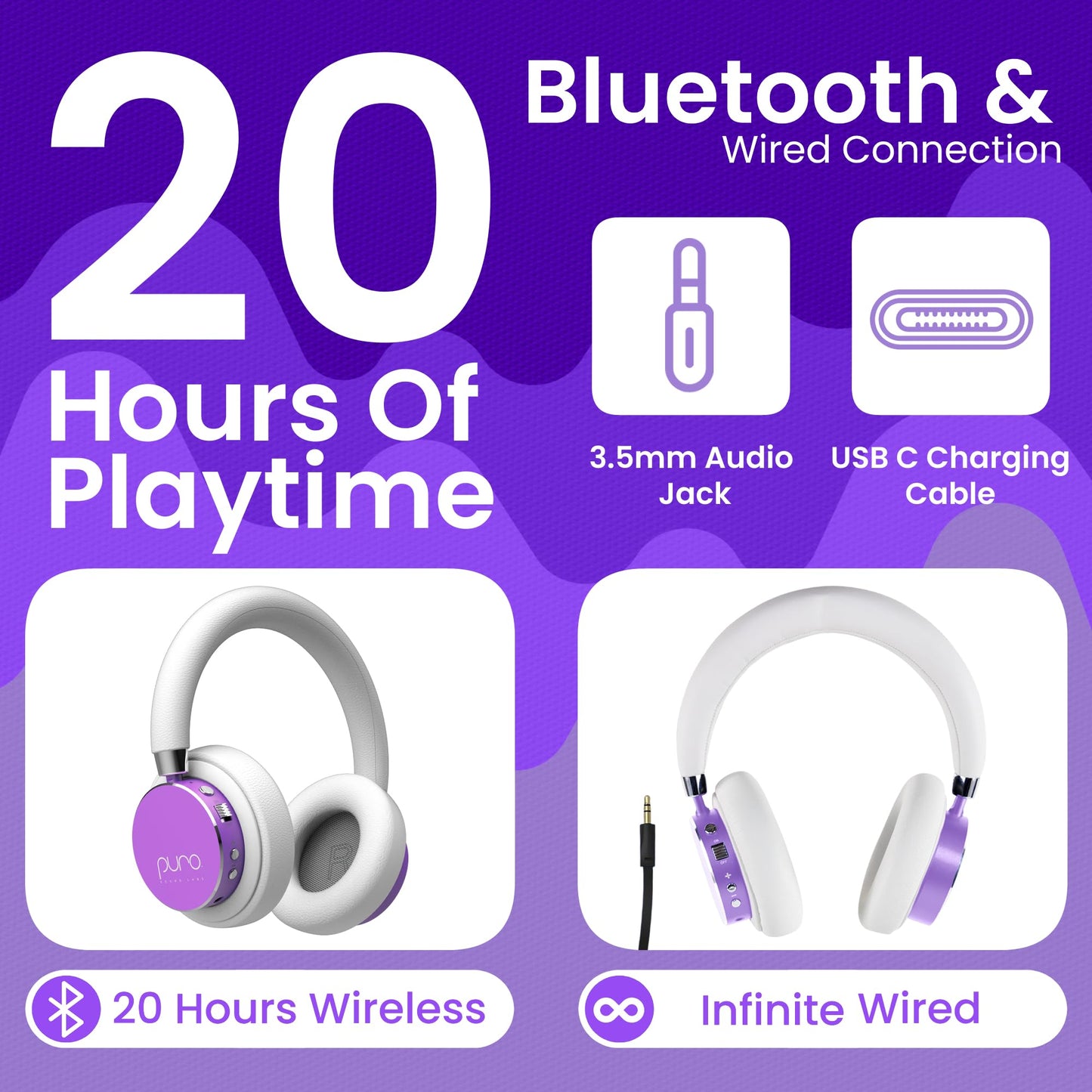 Puro Sound Labs Kids Wireless Headphones - Volume-Limiting 85dB, Built-in Mic, Studio-Grade Sound, 20-Hour Battery Life, Comfortable & Easy…