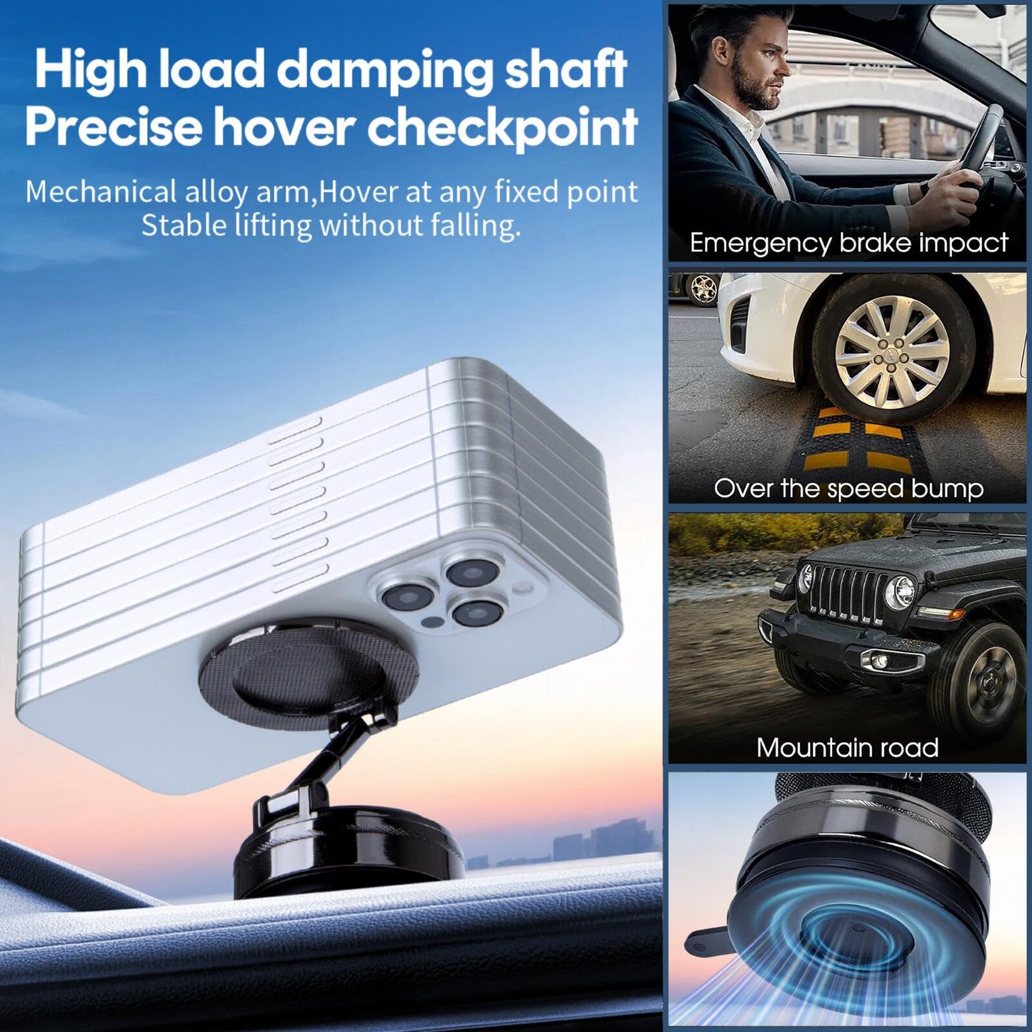 Car Phone Holder - 360° Rotation Alloy Phone Mount for Car, Magnetic Compatible, Nano Gel Suction Cup, for Dashboard/Desk, Fits iPhone, All