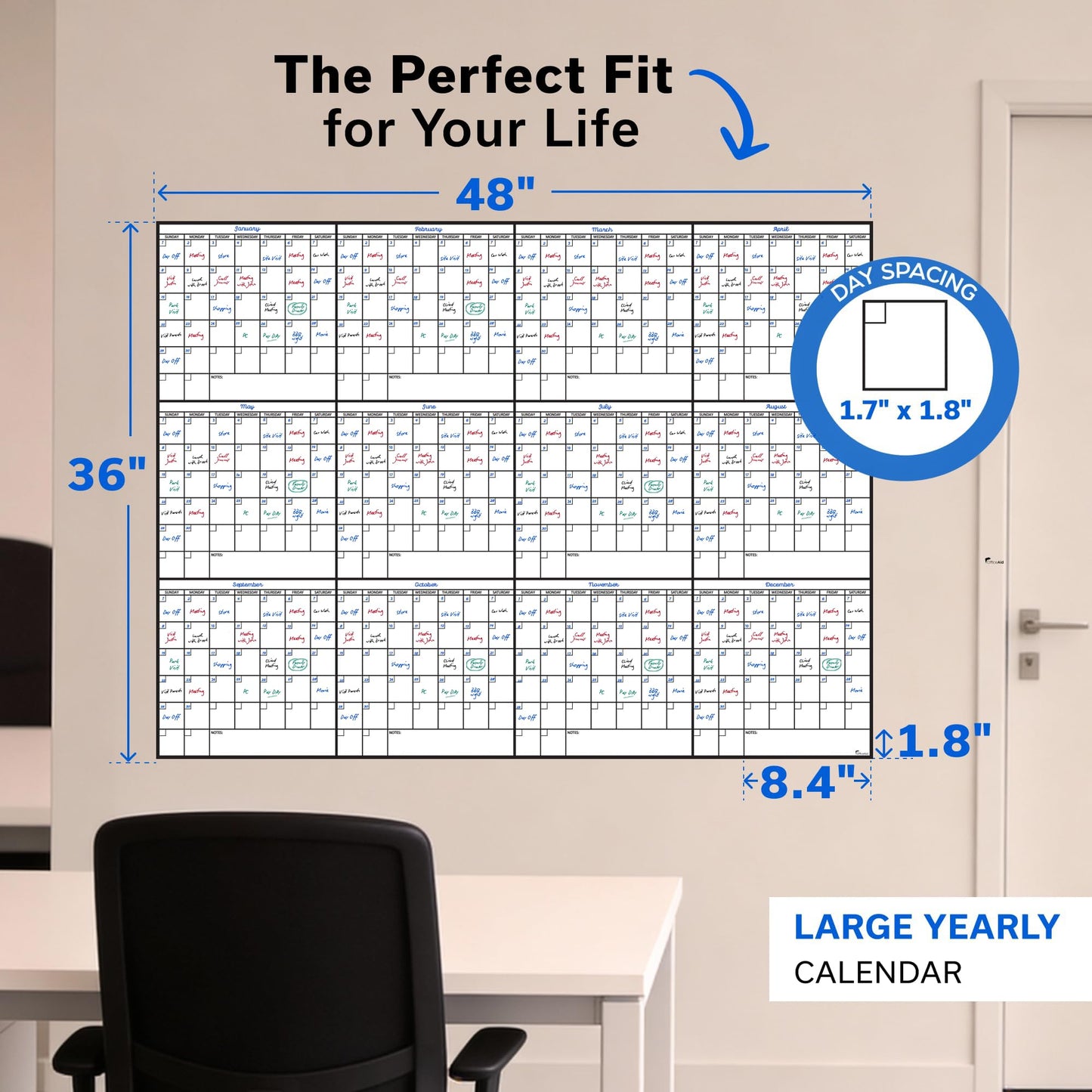 Yearly Large Dry Erase Calendar for Wall 36x48, 12 Office Annual, Erasable Month, Rolled Whiteboard White Board, Year Calendar Planner Giant Family