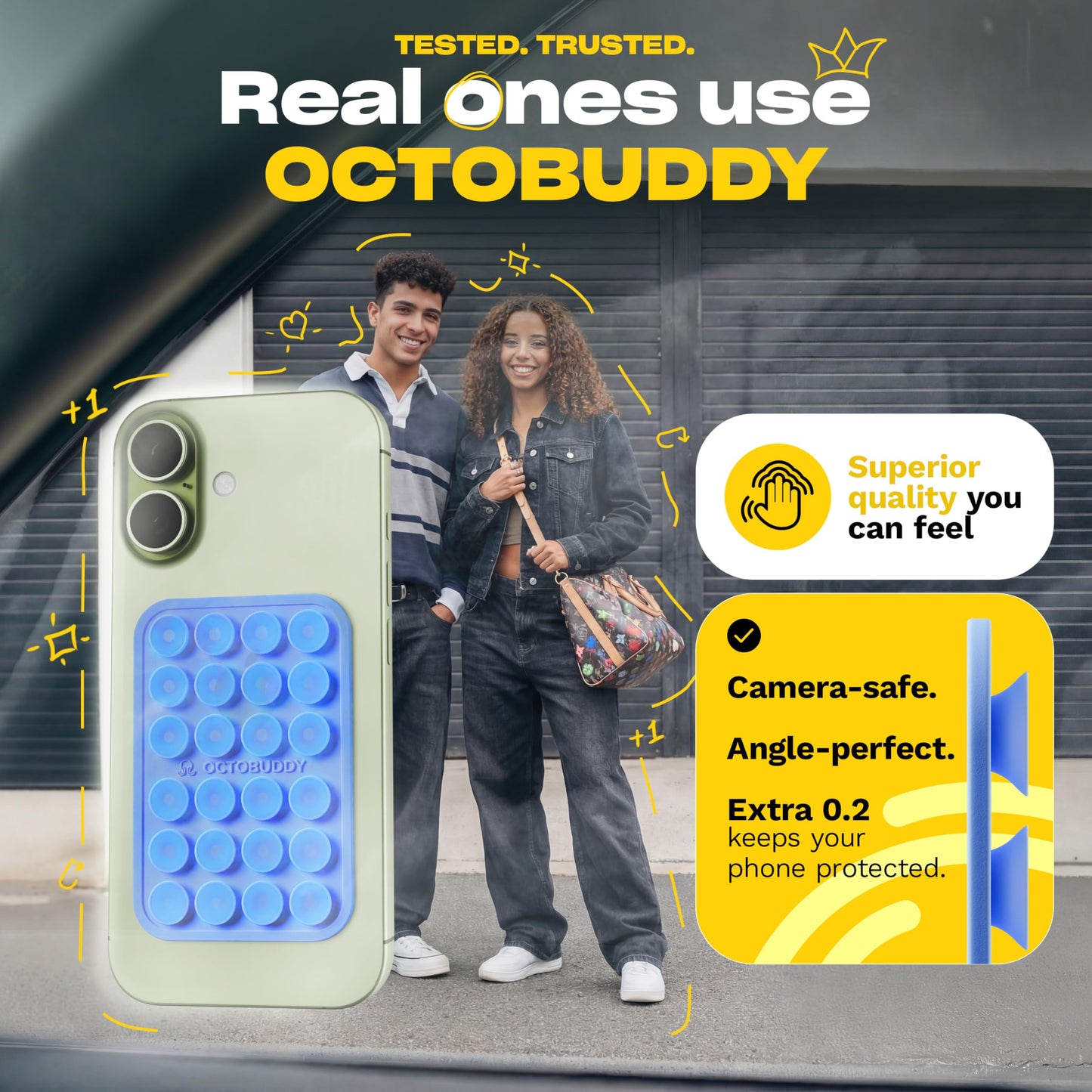 OCTOBUDDY Classic - Silicone Suction Phone Case Adhesive Mount - Hands-Free, Strong Grip Holder for Selfies and Videos - iPhone and Android Compatible