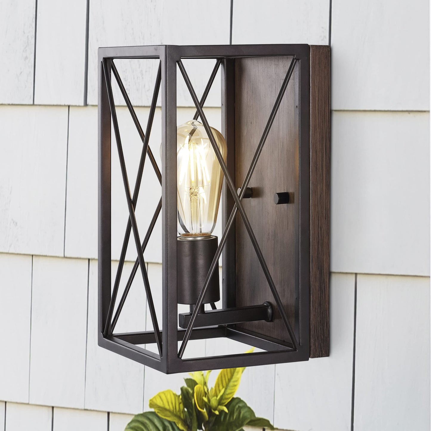 JONATHAN Y 6" Oil Rubbed Bronze/Wood Finish 1-Light Iron Sconce, Farmhouse Rustic X-Frame Wall Lantern for Bathroom Hallway Entryway, Modern