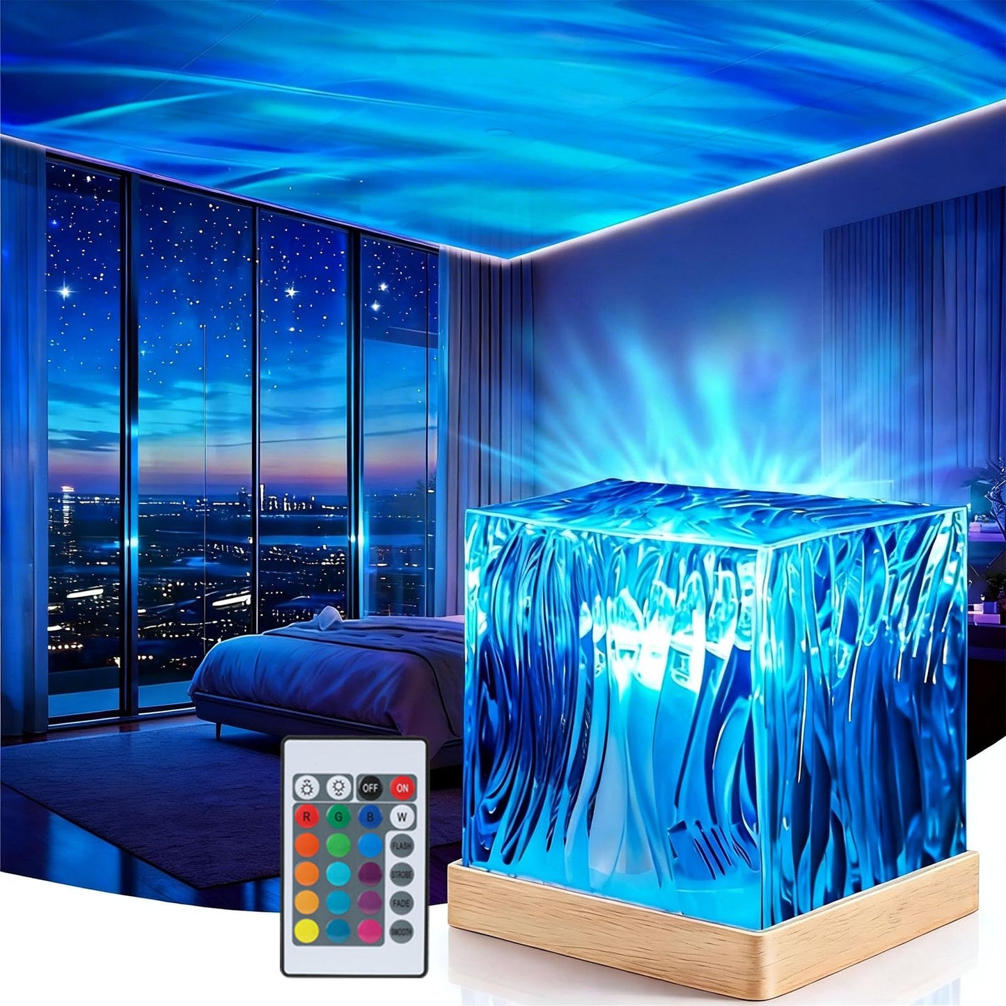 Northern Lights Projector Touch,16 Colors Changing Light Dimmable Mood Lighting, Cube Aurora Glow Lamps with Dynamic Ripple Effect, Remote Galaxy