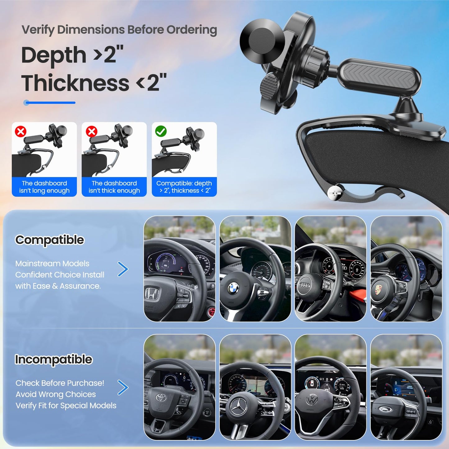 RIEMKSL Car Phone Holder Dashboard Phone Mount, 2025 Upgraded 360 Degree Rotation Multifunctional Clip Design, Universal Car Phone Mount Compatible