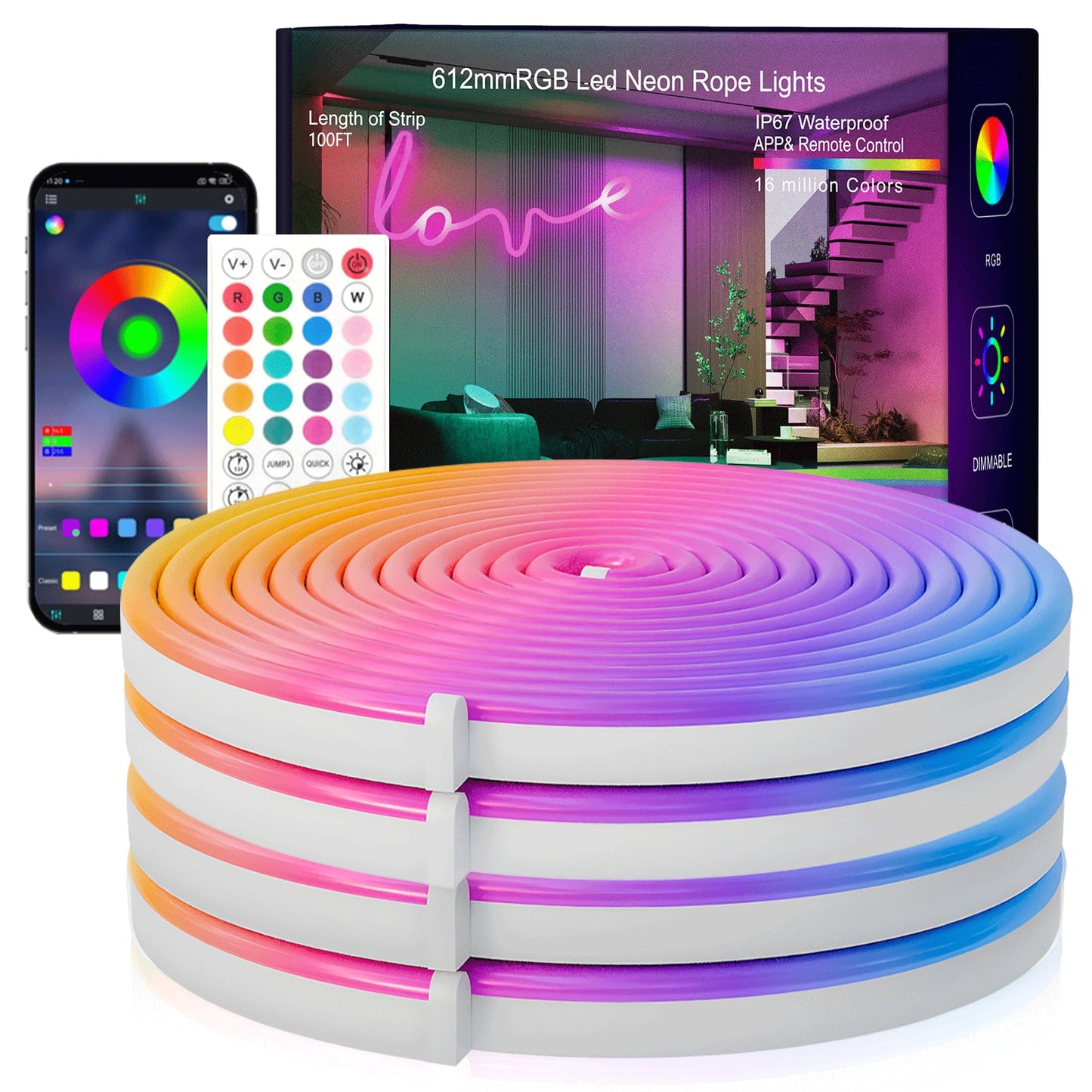 SILFU Neon Rope Lights, 65.6FT RGB LED Strip Lights, Waterproof IP67 LED Lights for Bedroom, DIY Design, Music Sync, 44 Key Remote Control, Multiple
