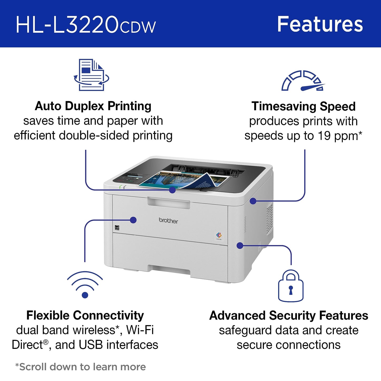 Brother Color Laser Printer with Wireless Printing Fast 19 PPM Output, Duplex Feature, Mobile Device Compatible, 250-Sheet Paper Tray for Professional
