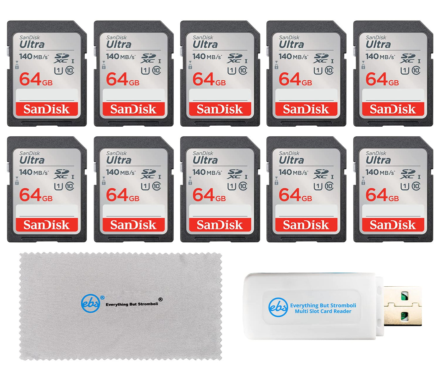 SanDisk 64GB 10 Pack Memory Card SD Ultra UHS-I Class 10 (SDSDUNB-064G-GN6IN) Bundle with (1) Everything But Stromboli SDXC & MicroSD Card Reader