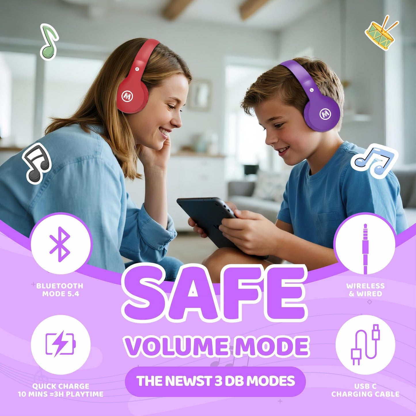 Mokata Headphones Kids Bluetooth 5.4 Wireless Play Time 68H Safe Volume Limit 85/94dB Over-Ear Foldable Headset,Fast Charging,with Aux Cord Built-in…