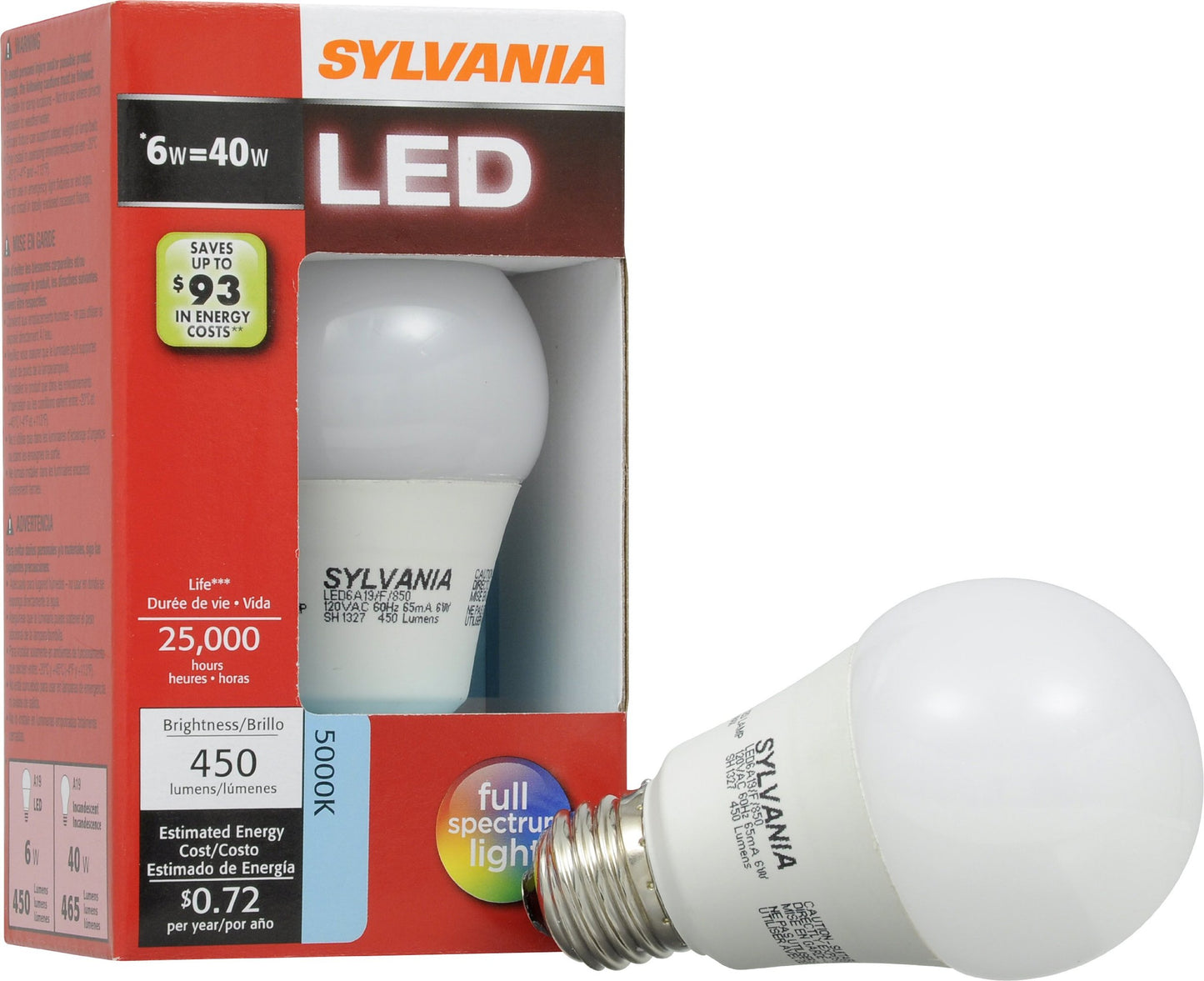 Sylvania 72553 LED 6-watt A19 Shaped 5000K Replacement for 40-watt Incandescent or 9-watt Compact Fluorescents