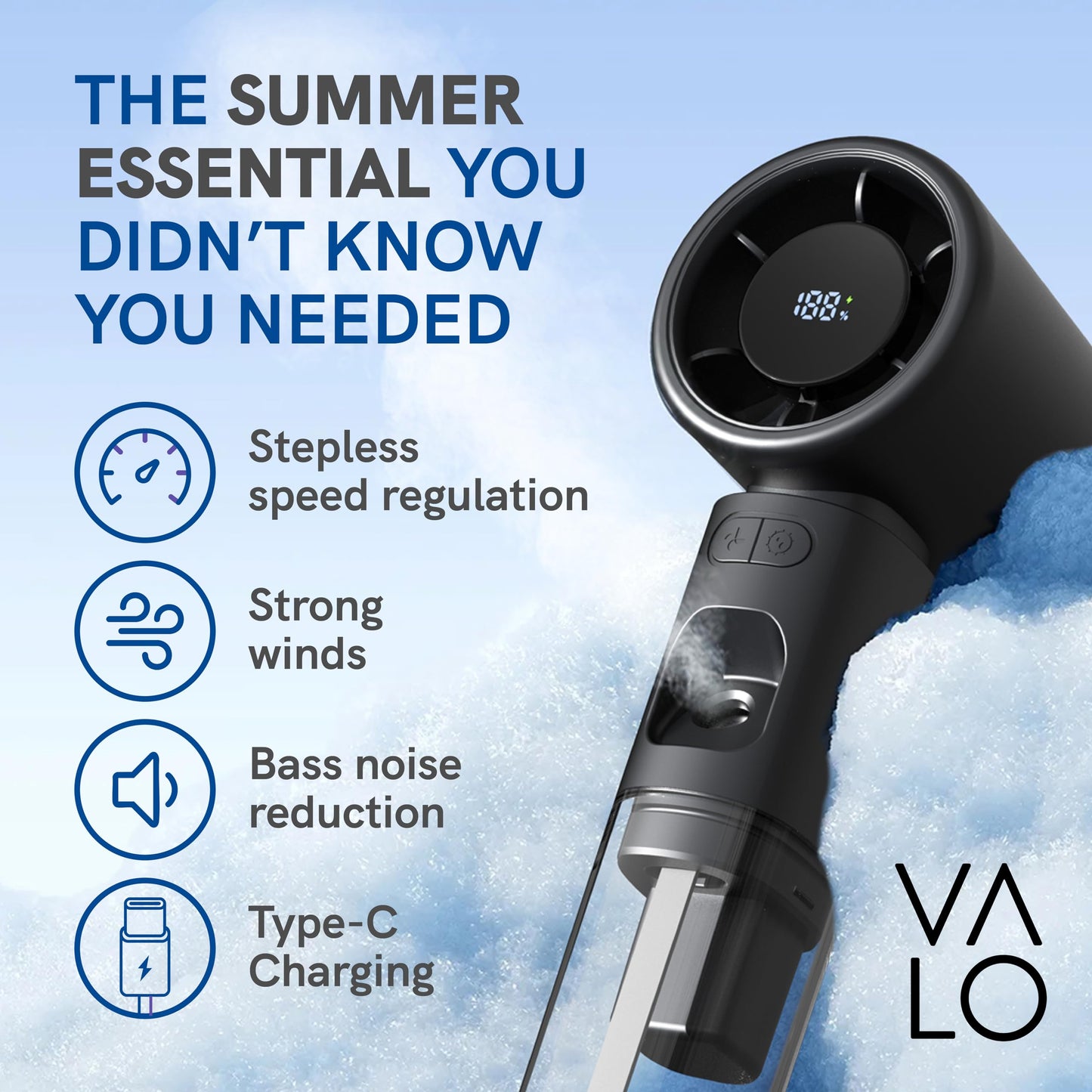 ValoInv Valo Portable Rechargeable Fan - Mini Cooling Fan for Travel, USB Desk Personal Fan with 100 Speeds, Water Cooling Technology, 50ml Tank