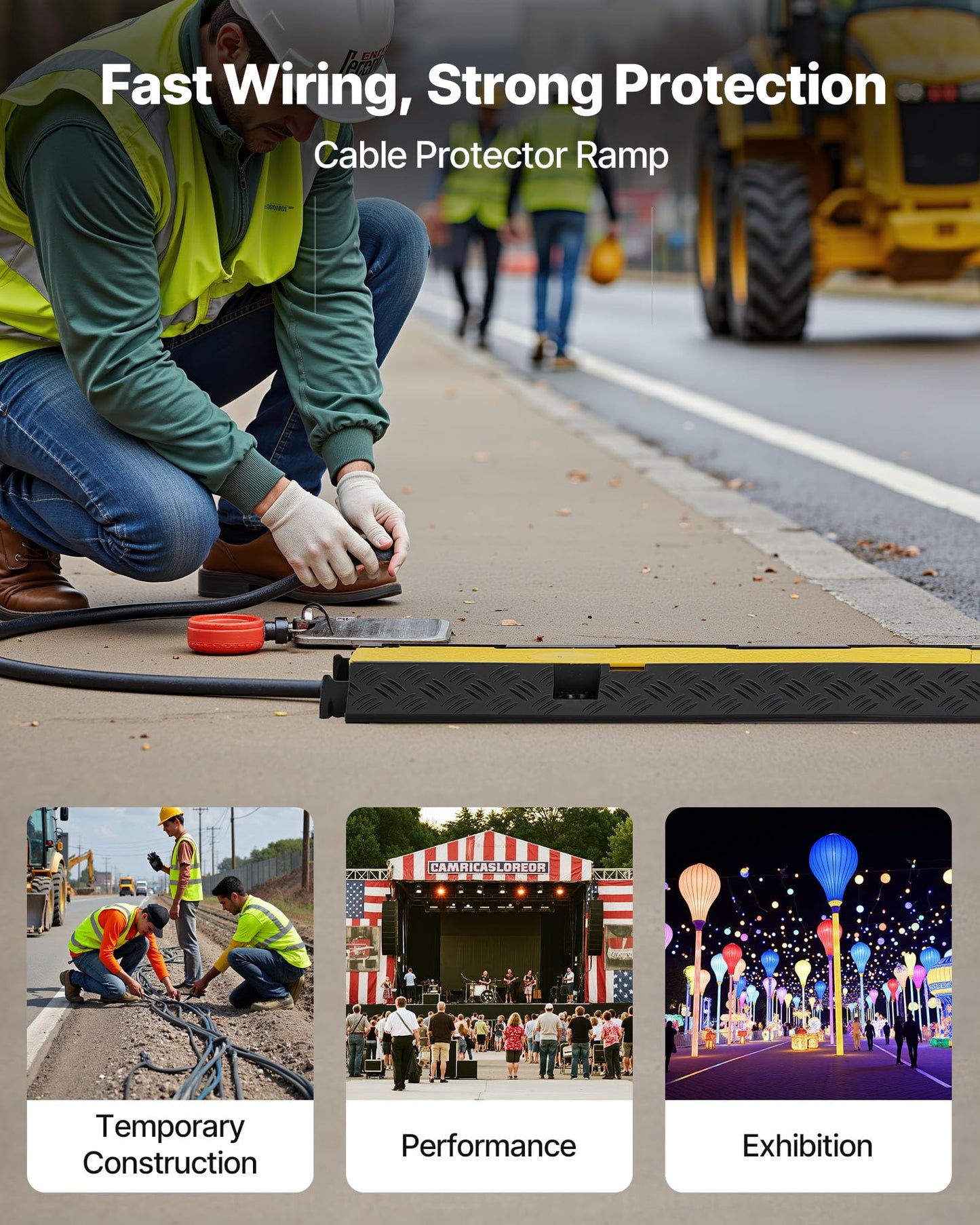 VEVOR Cable Protector Ramp, 22,000 lbs/axle Capacity, 2 Channel Heavy Duty Rubber Cord Hose Wire Cover, 1.3 x 1.2 in Channel, Traffic Speed Bump with
