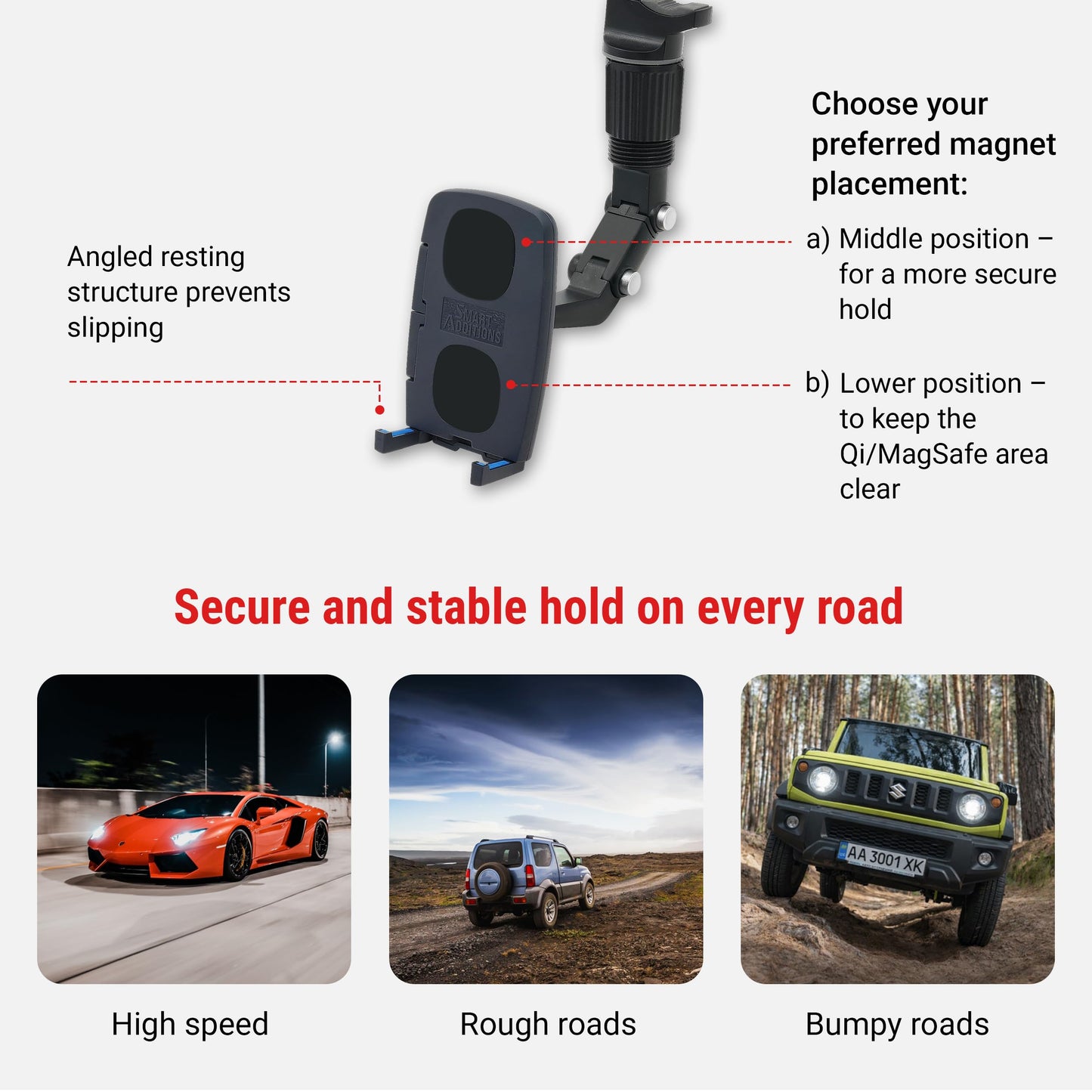Lounge-IT Car Phone Holder, Magnet+NoSlip Rests, 2-mounts-in-1 Mirror+Vent Mount, Works with iPhone, Samsung Galaxy, Pixel, Motorola, etc, Black