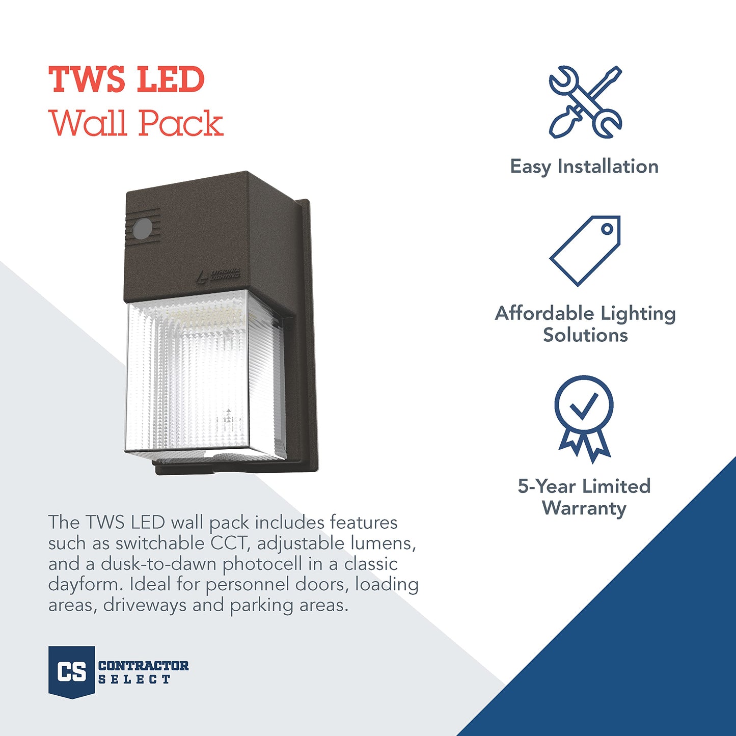 Lithonia Lighting 7" Mini LED Wall Pack Outdoor Light Fixture, 3-Way Selectable CCT 3000K/4000K/5000K, Adjustable Lumens, Dusk to Dawn Photocell