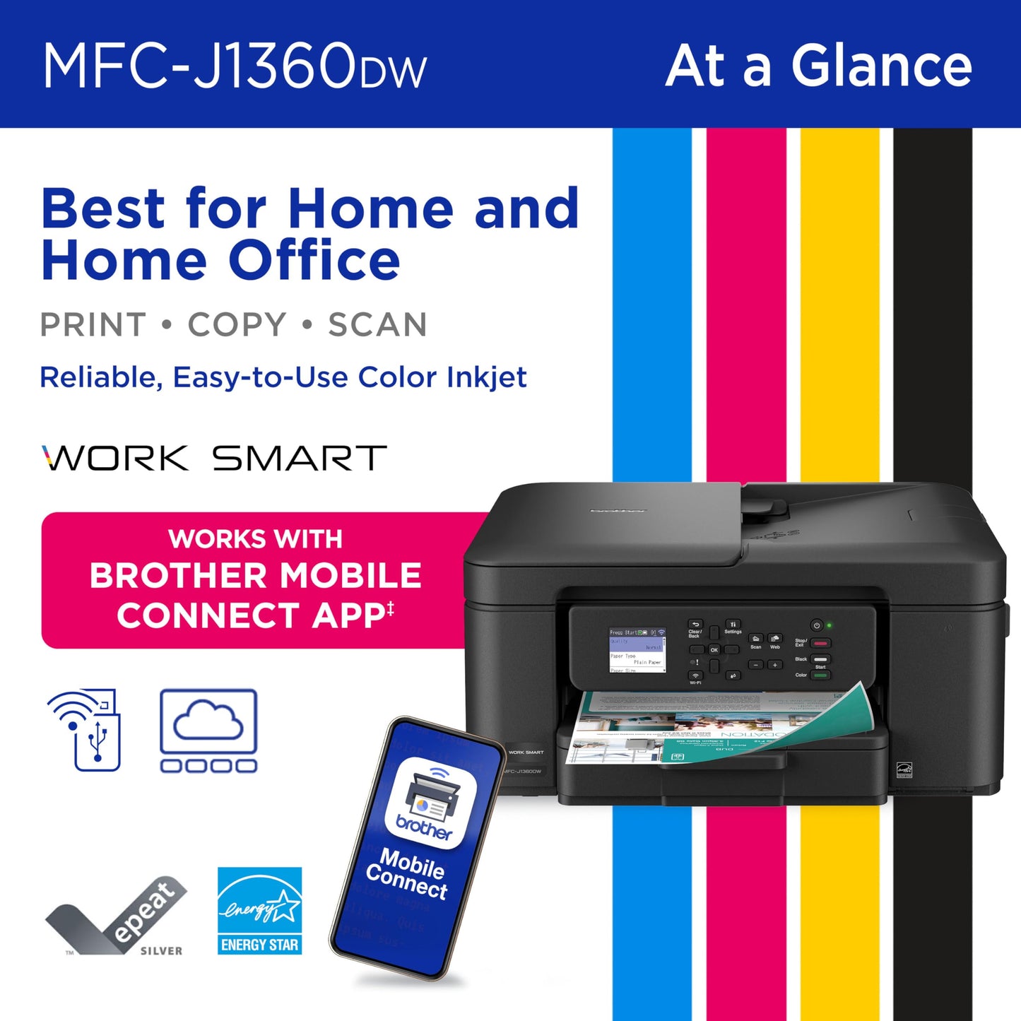 Brother Work Smart 1360 Wireless Color Inkjet All-in-One Printer with Automatic Duplex Printing and 1.8” Color Display | Includes Refresh Subscription