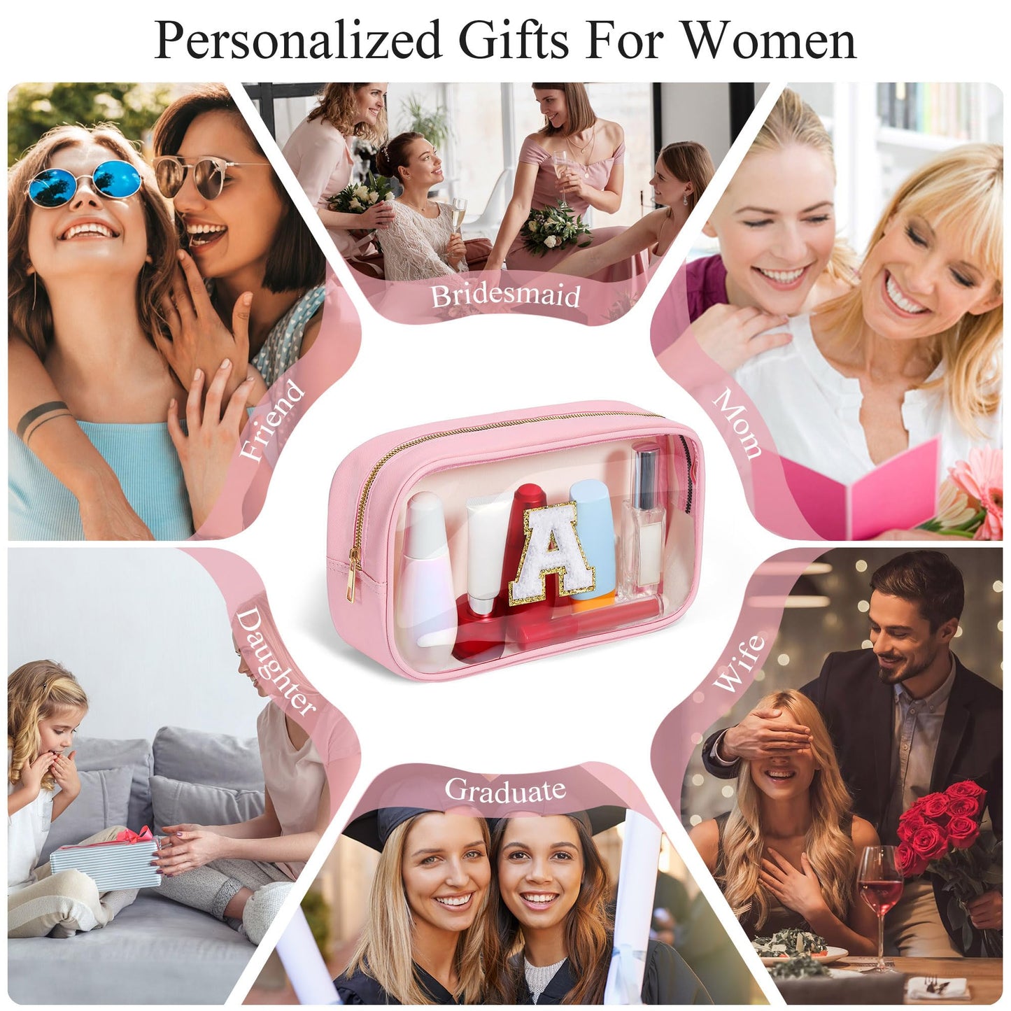 YOOLIFE Graduation & Teacher Gifts – Clear Travel Makeup Bag, Preppy Cosmetic Toiletry Organizer, Pink Gift for Girls, Teens & Girlfriend