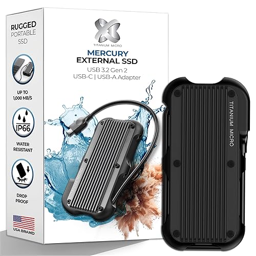Titanium Micro External SSD 500GB - Mercury Portable SSD, Up to 1000MB/s, USB 3.2 Gen 2 USB-C USBA, Rugged IP66 Water Resistance, Drop Proof, External