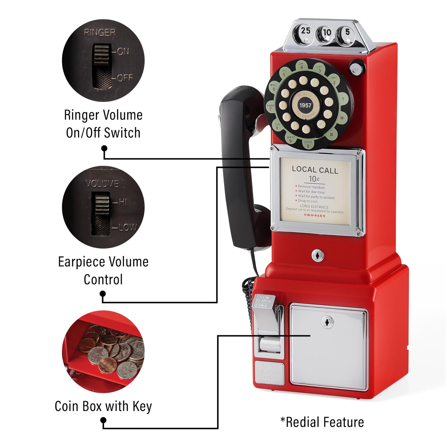 Crosley CR56-RE 1950's Payphone with Push Button Technology, Red