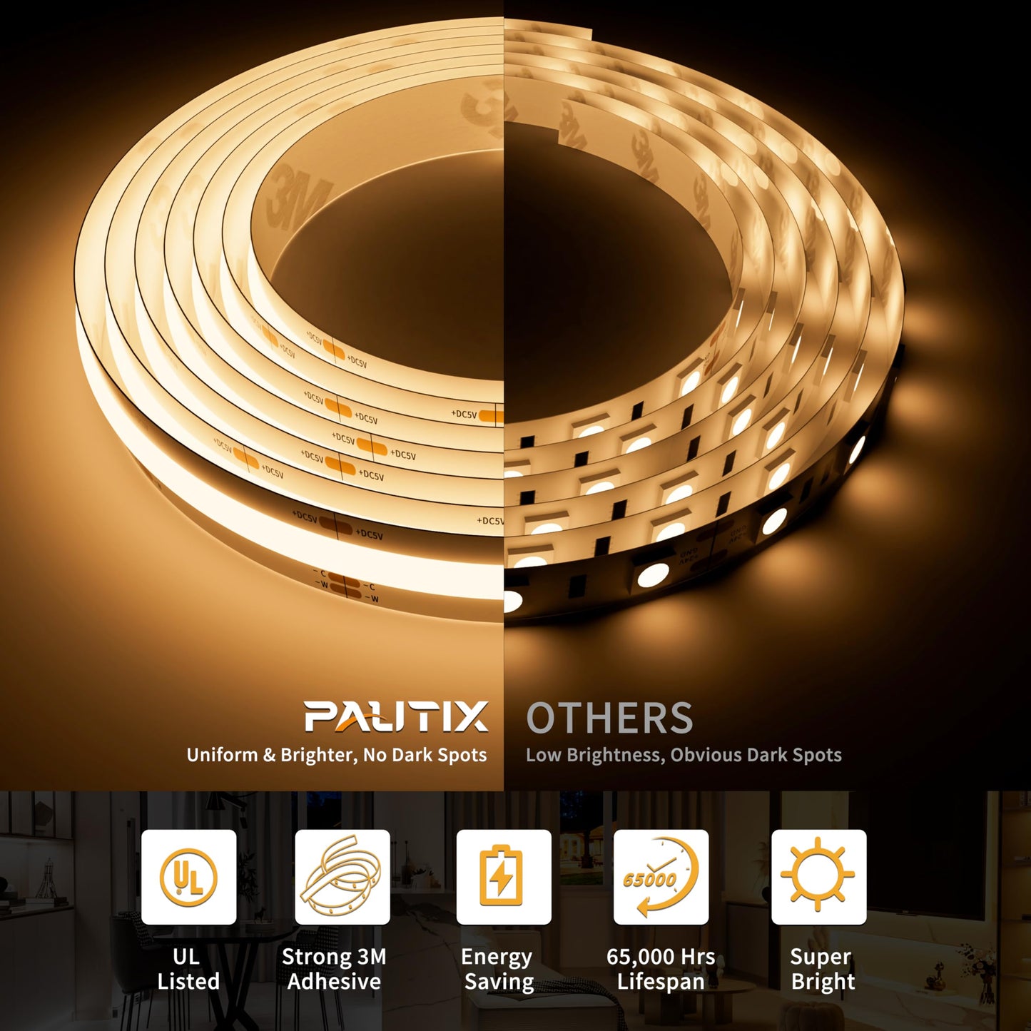 PAUTIX 5V USB CCT Tunable COB LED Strip Lights 6.56ft/2m,1280LEDs 1200lm 2700K-6500K Dimmable CRI85+ with RF Remote TV Backlight,Flexible Under
