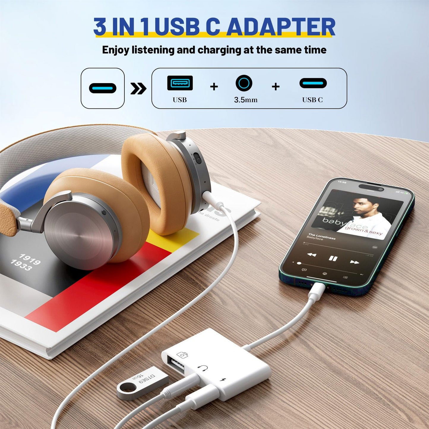 PNBACE USB C to USB Adapter 3 in 1 USB C to 3.5mm Audio Adapter for iPad USB Adapter